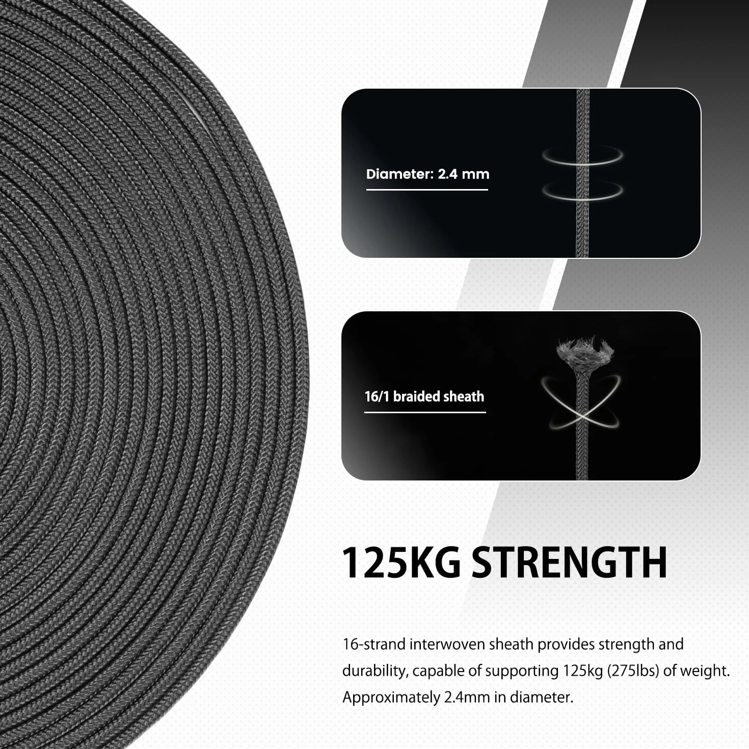 Abma Cord 30M Paracord 275 Nylon Corda 2,4 mm Cavo Multiuso Nero