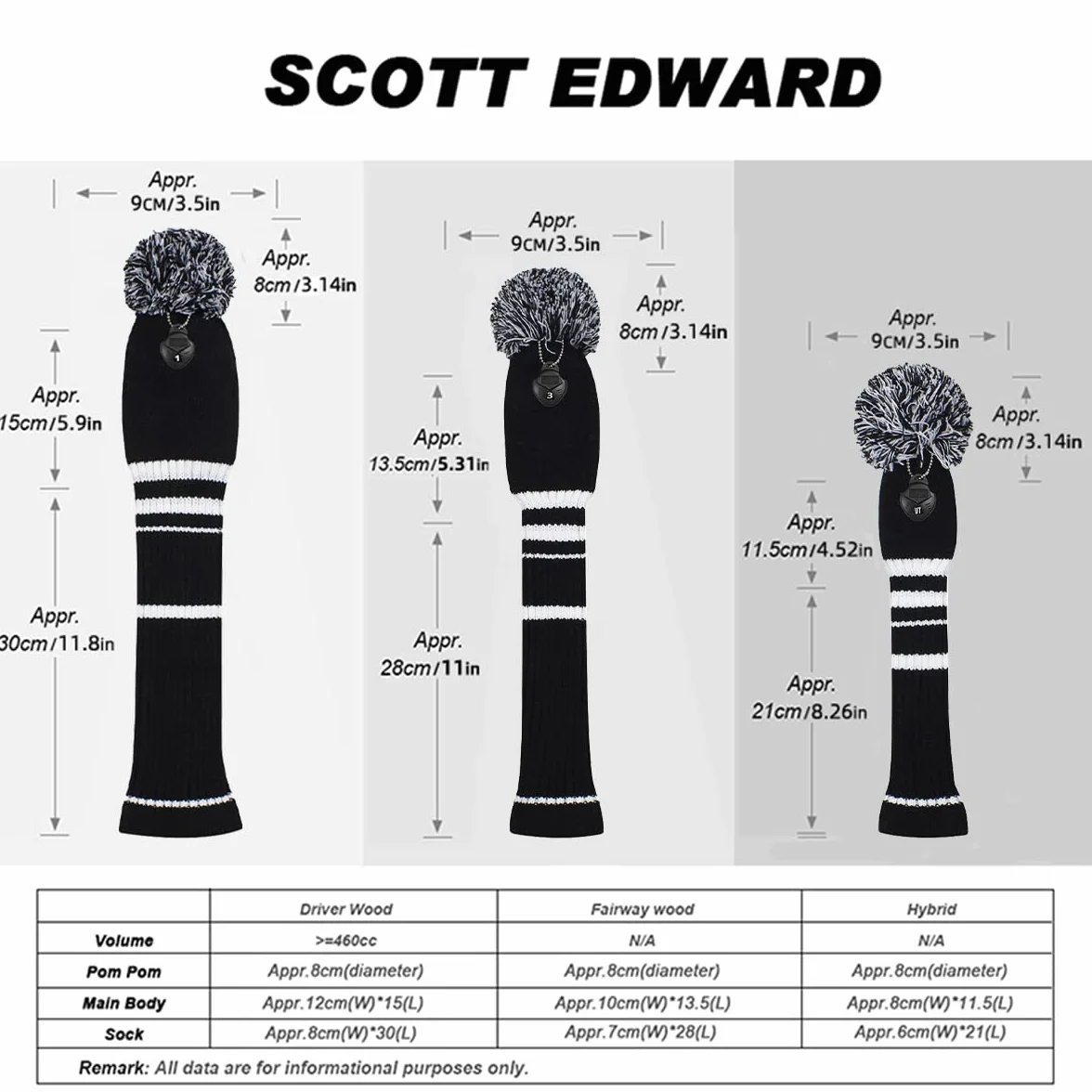 Scott Edward Set di 4 copritesta da golf in legno lavorato a maglia Fit Driver (460CC) Fairway Hybrid/UT Morbida e ben fatta Mantieni i club puliti
