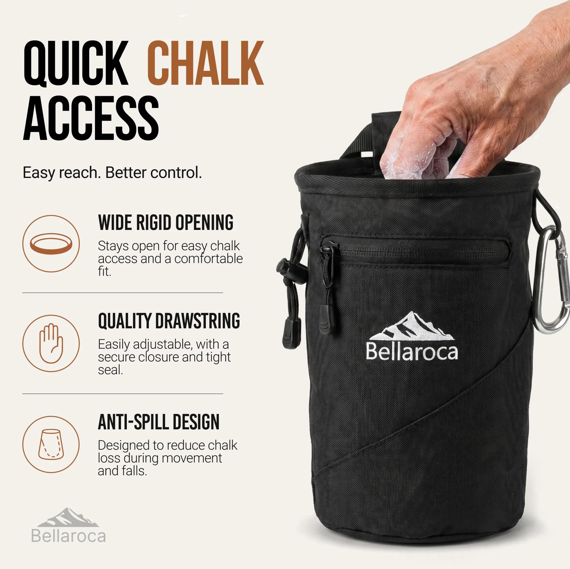 BELLAROCA® Borsa per Magnesite da Arrampicata Impermeabile Resistente all'Abrasione con 2 Tasche e Moschettone