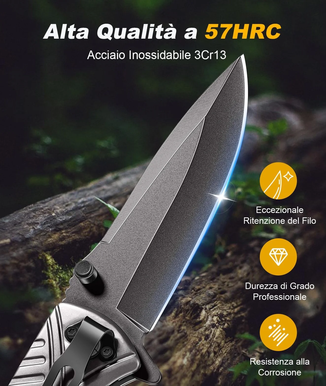 ISEYOU Coltello da Caccia Lama Acciaio Inossidabile 3Cr13 Rivestimento Titanio Portatile Clip Tasca Multifunzione