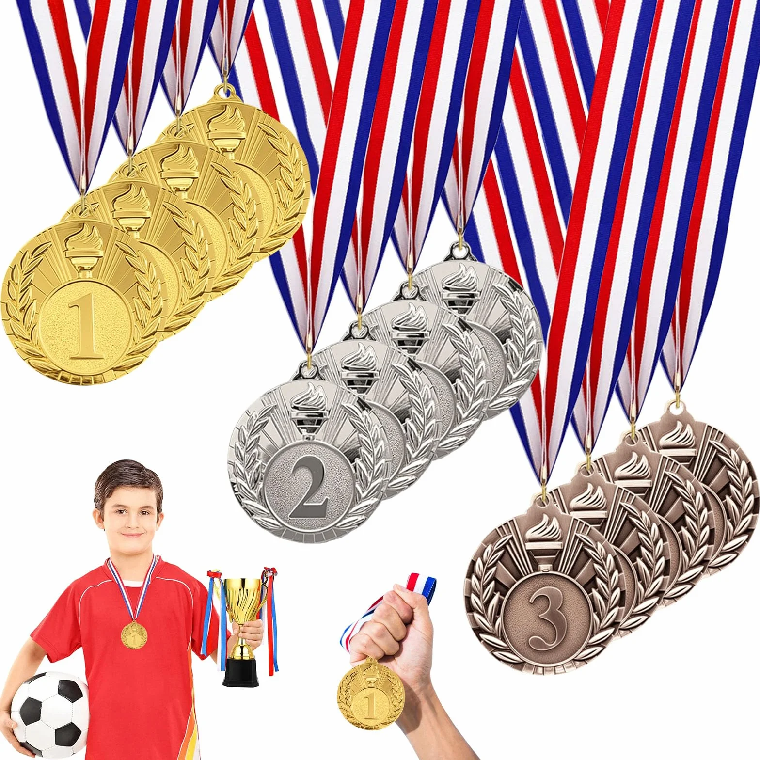 Medaglie Bambini Metallo Oro Argento Bronzo con Nastri 5 cm per Sport Scolastico Calcio