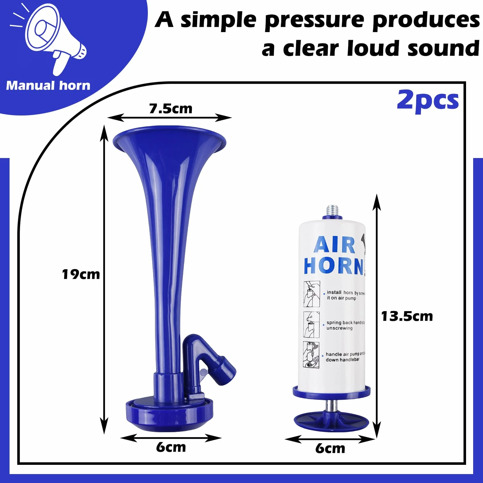 Tromba d'aria Portatile 2 Pcs, Handheld Air Horn Riutilizzabile con Pompa per Stadio Feste Camp Nautica