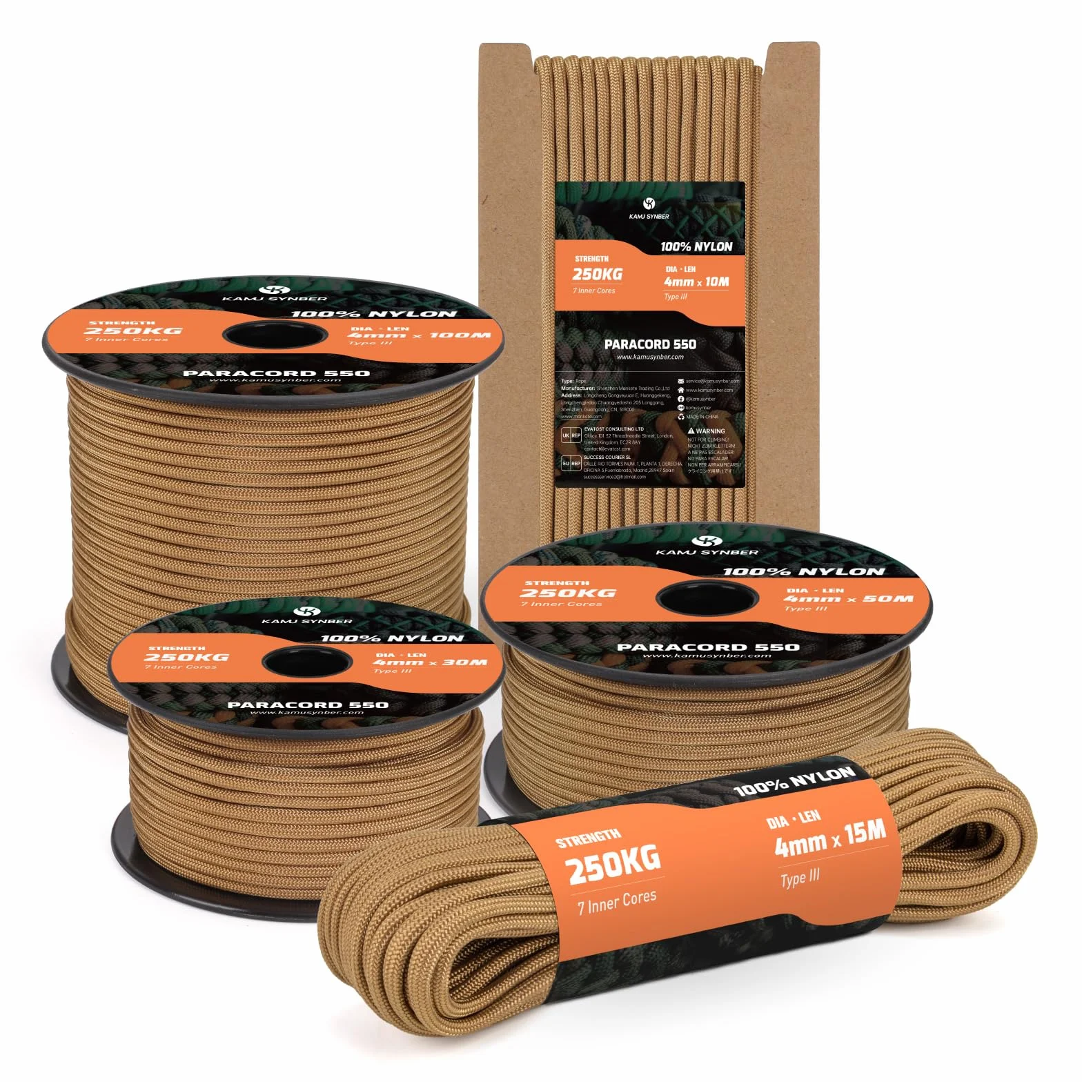 Corda Paracord 550 4mm 30m 7 Fili Tipo 3 Nylon Marrone Coyote per Sopravvivenza Campeggio