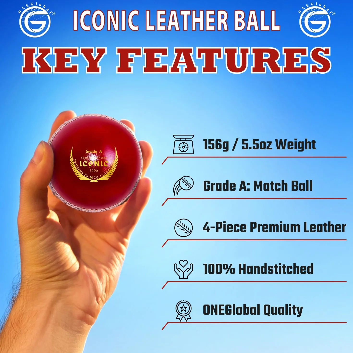 Iconica palla da cricket in pelle 100% cucita a mano 156 g impermeabile 4 pezzi