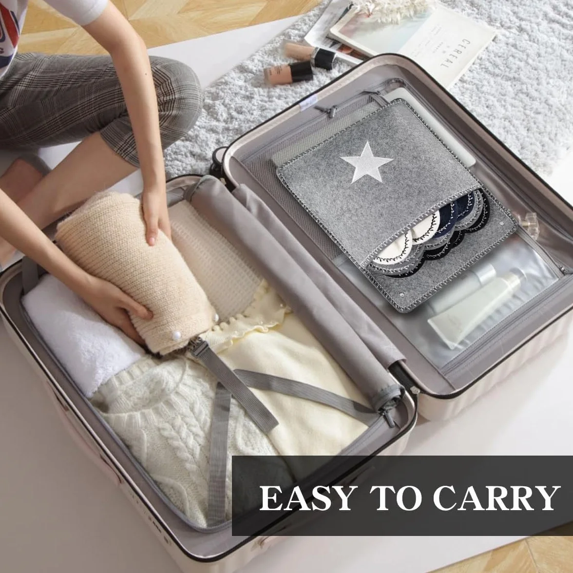 Set di 6 paia di pantofole in feltro in 3 misure e custodia, antiscivolo e lavabili, perfette per viaggi in famiglia, Nero , Taglia unica