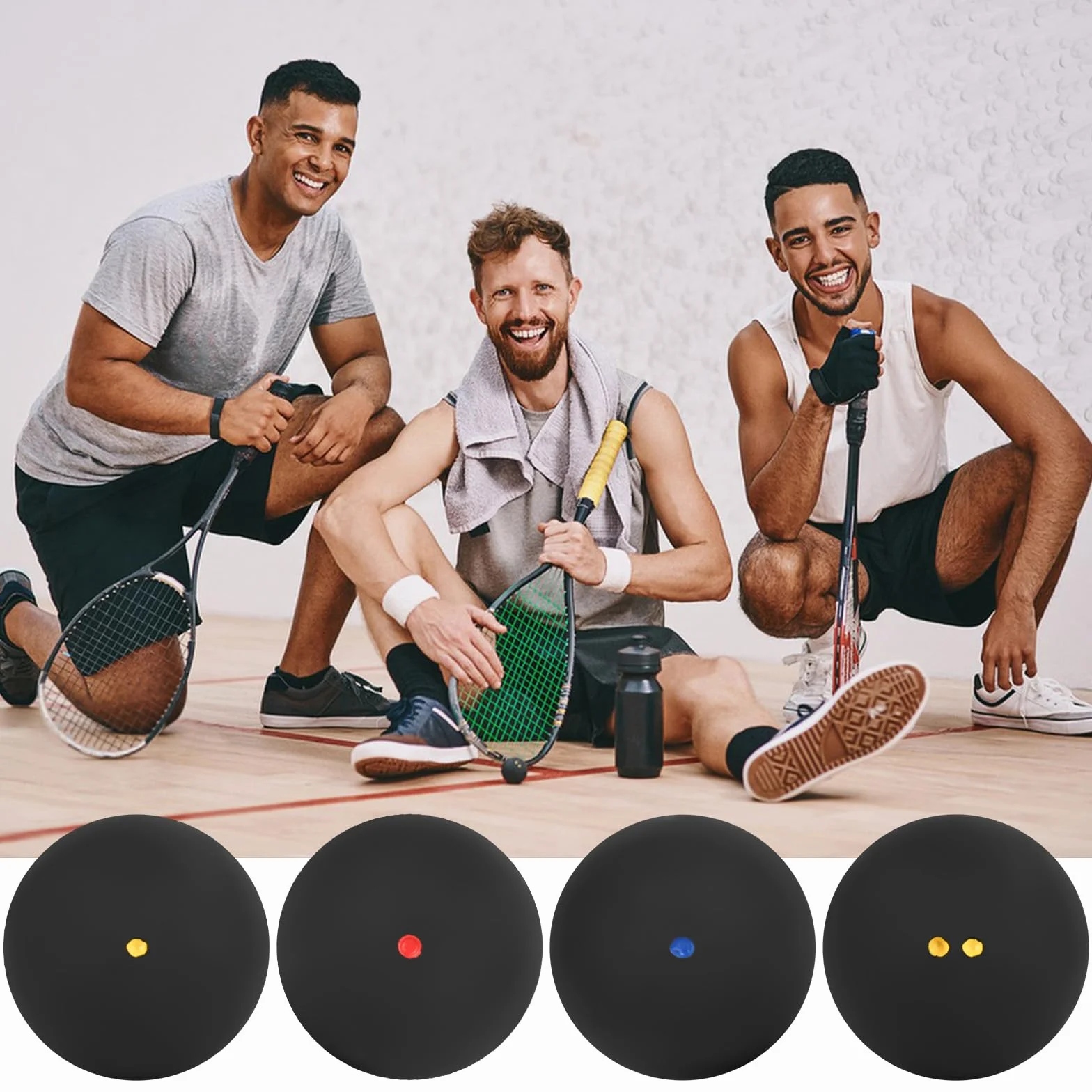 Palline Da Squash Set di 4, Alto Rimbalzo, Doppi Punti Gialli, Singoli Punti Gialli, Rossi, Blu, Per Principianti