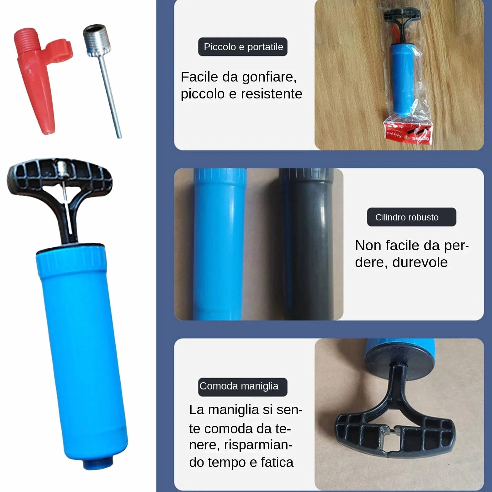 Pompa ad aria manuale portatile per palloni sportivi con ago