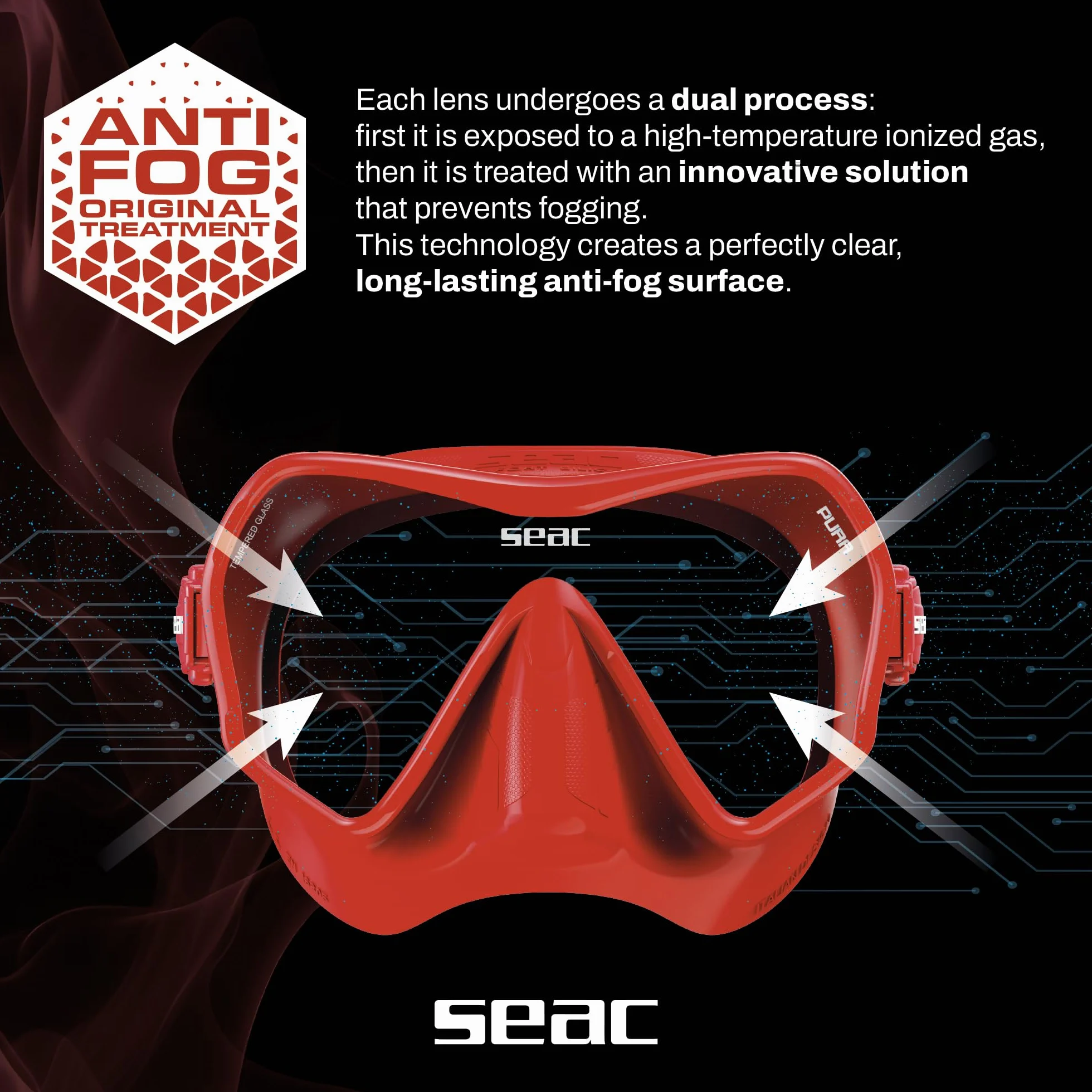 SEAC Pura – Maschera Subacquea Antiappannamento Monolente Frameless in Silicone | Maschera per Immersioni e Snorkeling Antifog Low Volume con Fibbia 3D