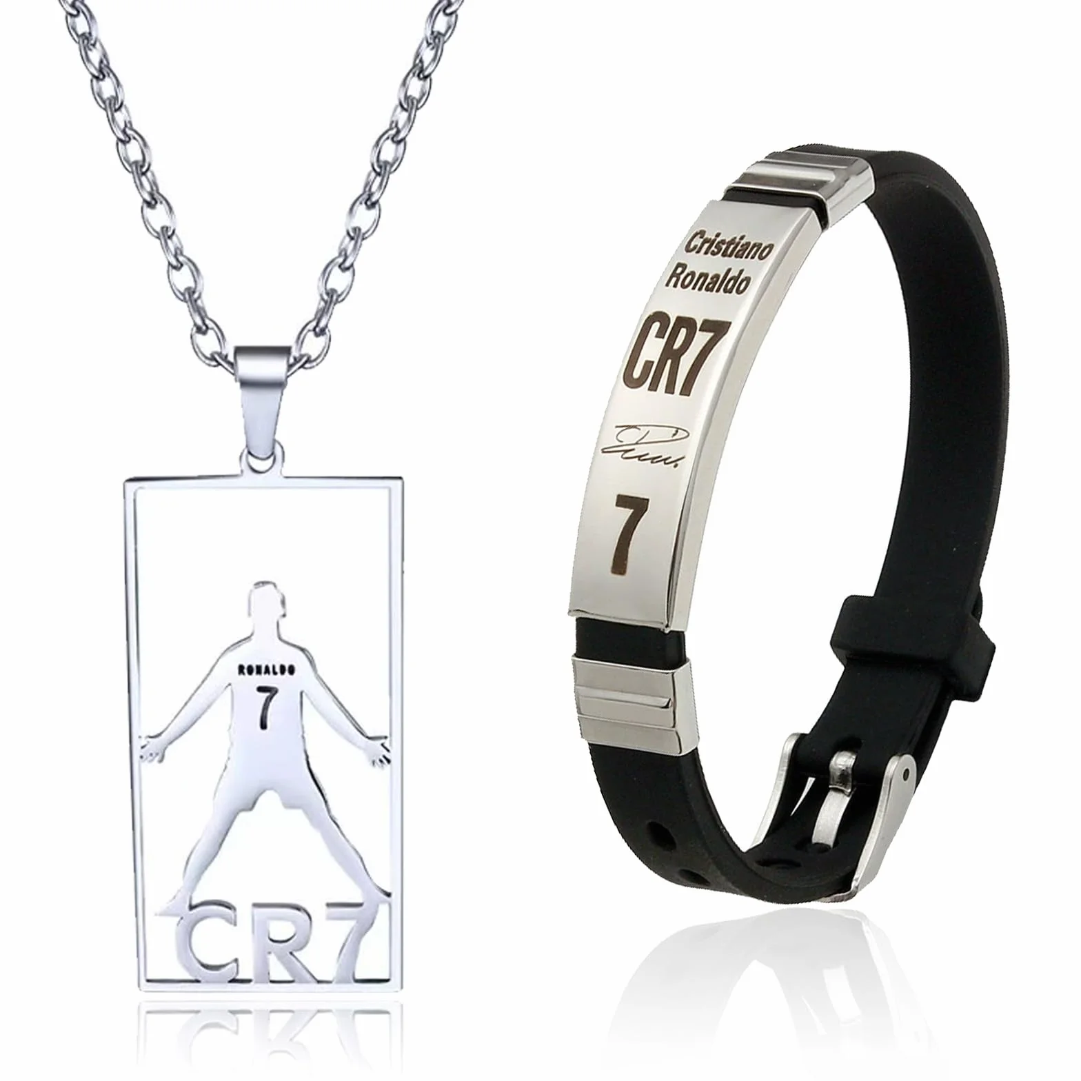 Braccialetto con ciondolo a forma di stella del calcio CR7, regolabile, acciaio inox e silicone