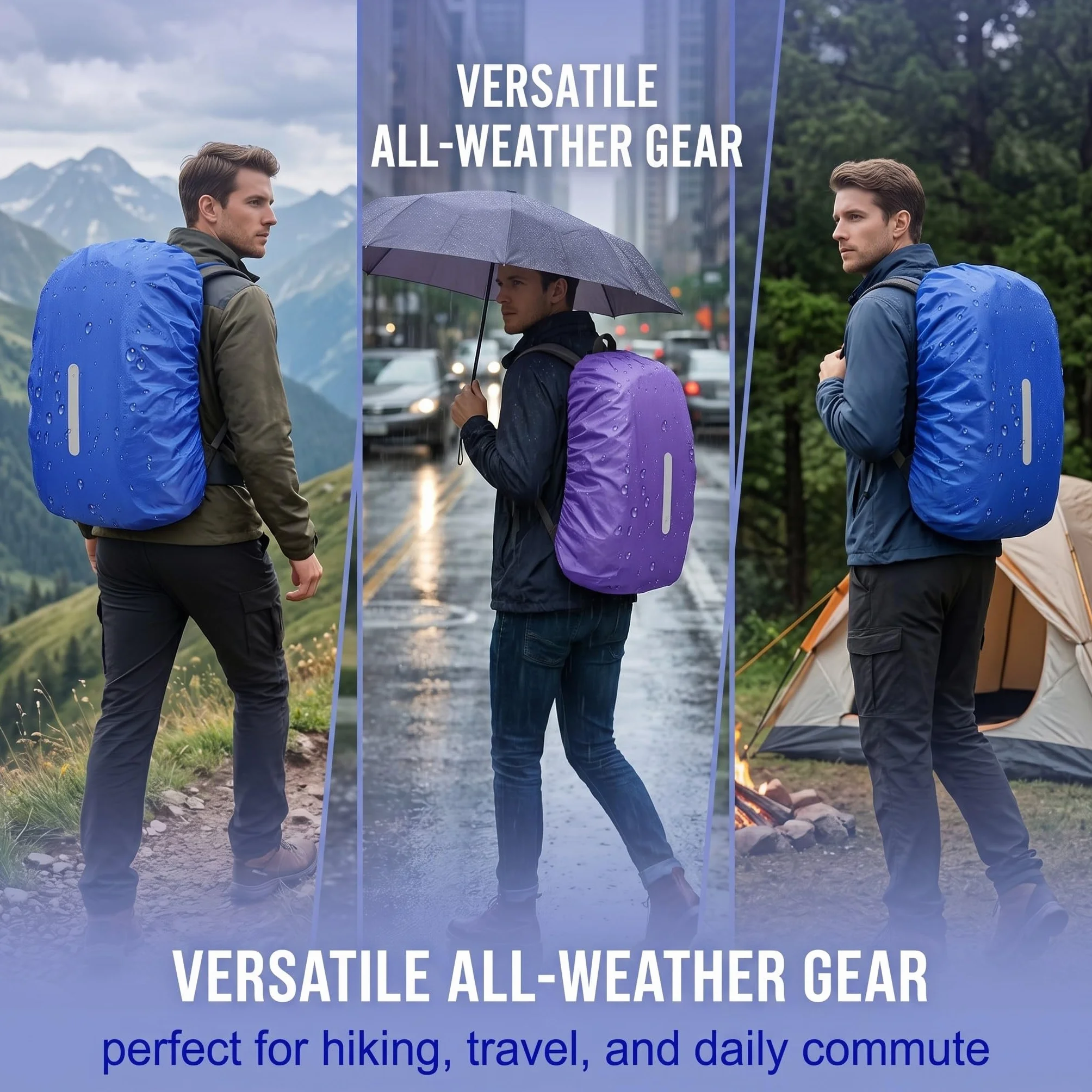 Coprizaino Antipioggia Impermeabile 40-50L con Strisce Riflettenti per Trekking Escursionismo Campeggio, 2 Pezzi Blu e Viola