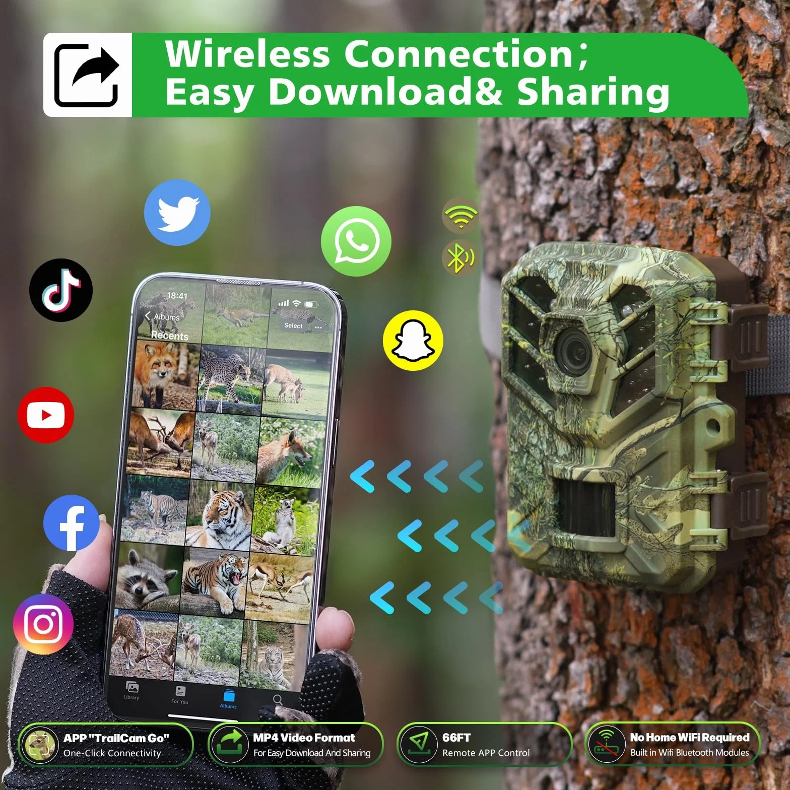 Coolifepro Fototrappola WIFI Bluetooth 32MP 1080P Caccia IR Visione Notturna Impermeabile IP66 con Scheda SD 32GB