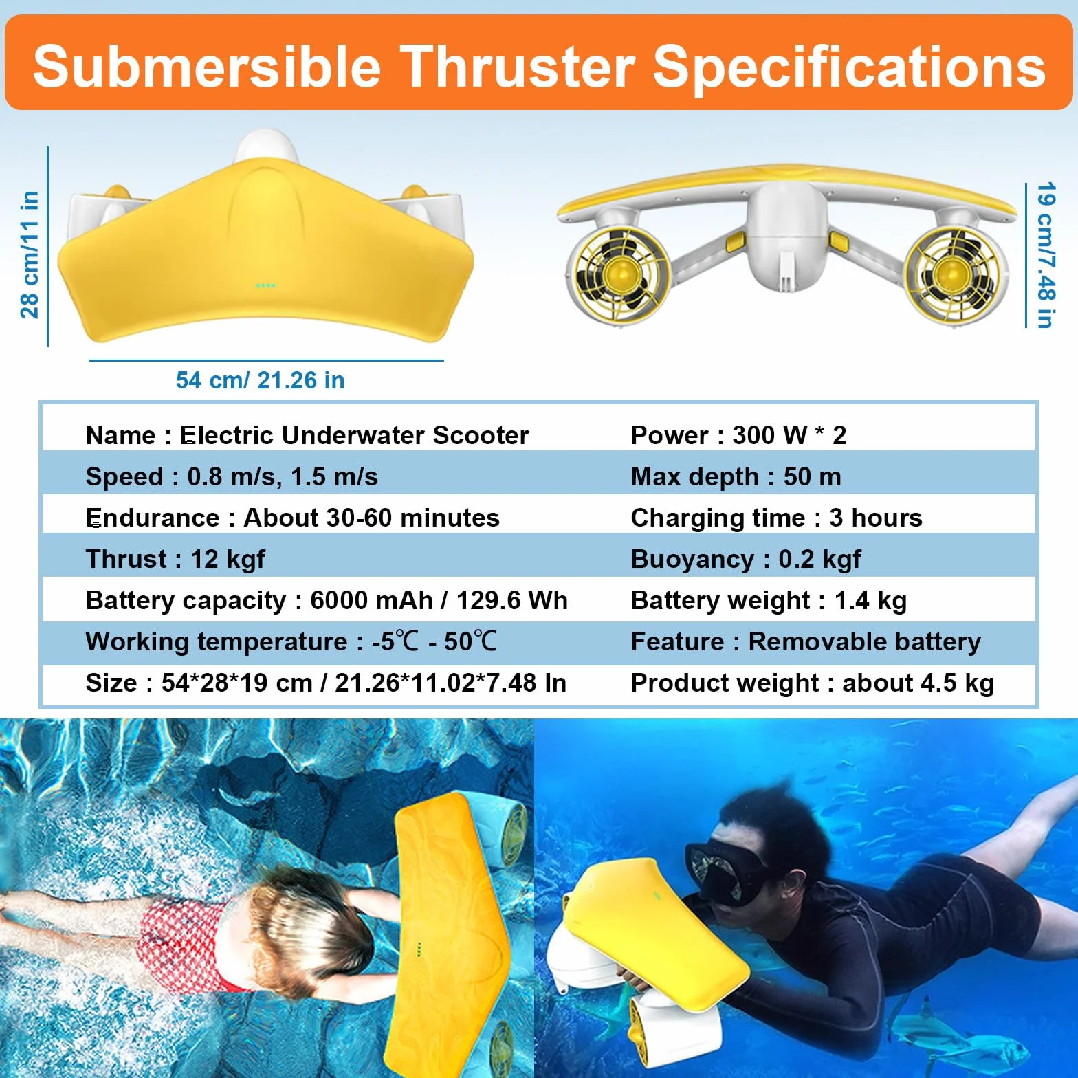 Booster Subacqueo Portatile, Scooter Subacqueo, Profondità Massima 50 M, Compatibile Fotocamera Sportiva