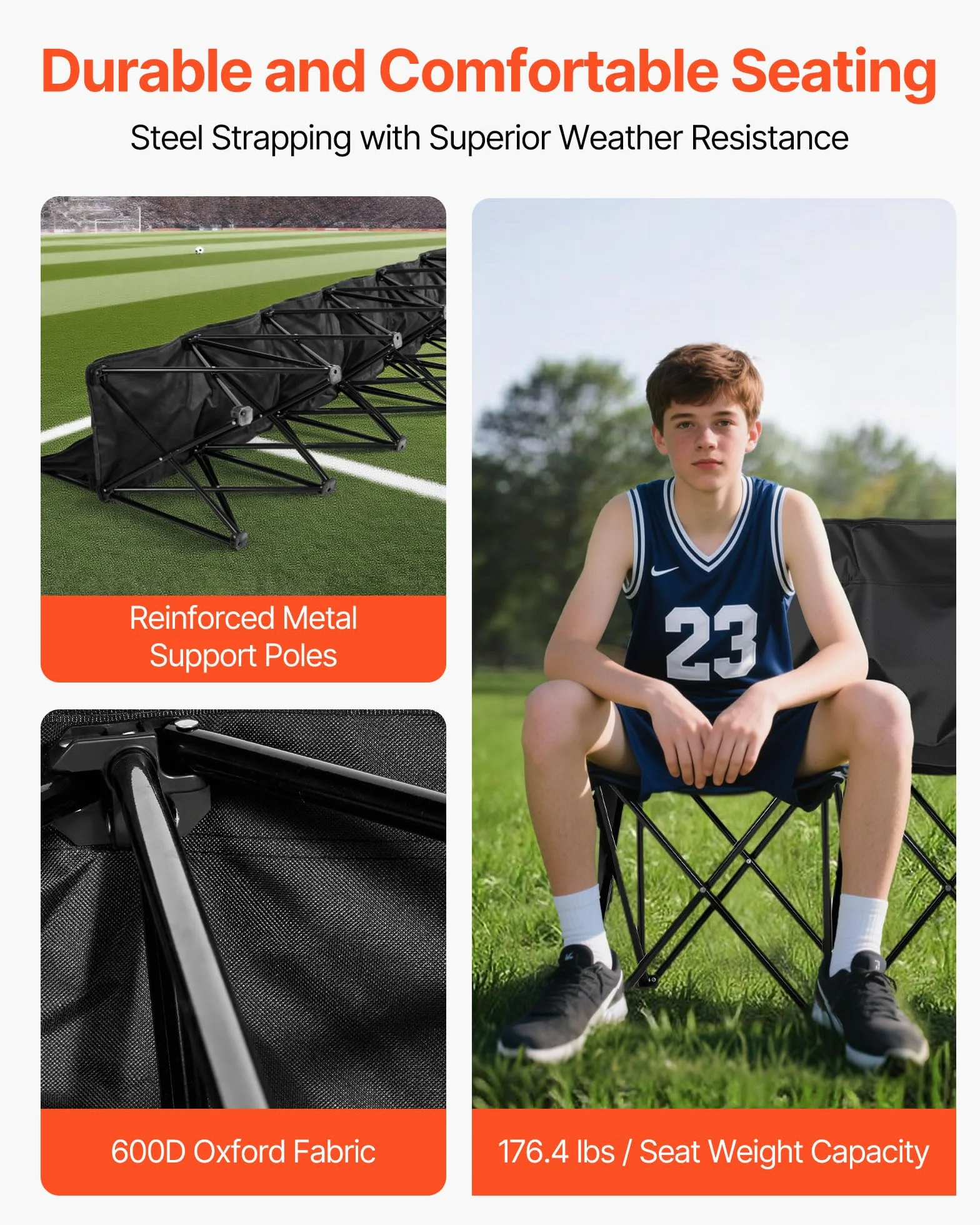 VEVOR Panca da Campeggio Pieghevole Portatile, per 6 Persone con Tasche Laterali, Borsa per il Trasporto, Tasca Posteriore, Panca Pieghevole con Schienale per Calcio, Baseball, Nero