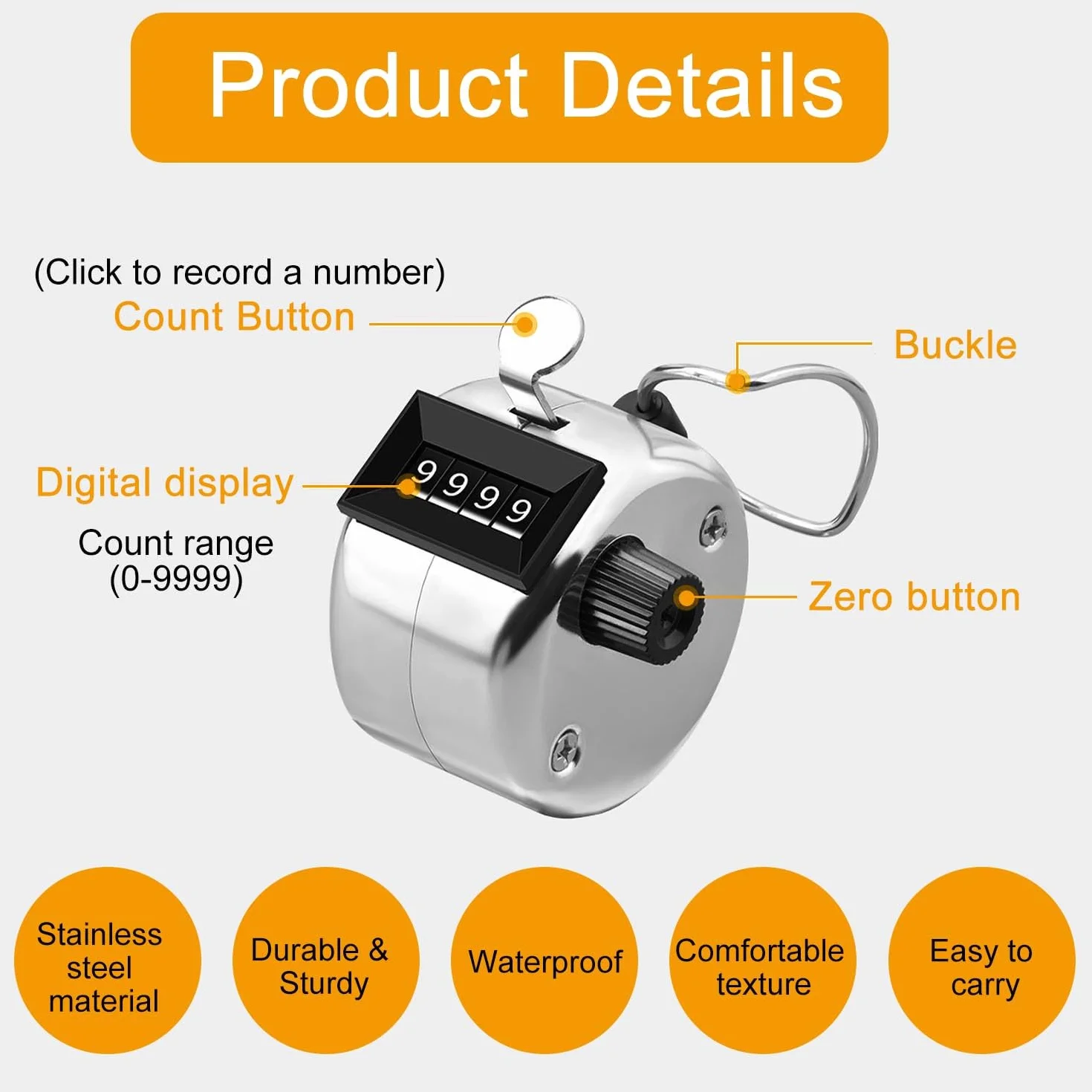Contatori a Mano in Metallo clicker per conteggio, Contatore Clic Meccanico a 4 Cifre, con Anello Dito, per la Scuola Golf e Knit People Golf Circle e Knit, Silver