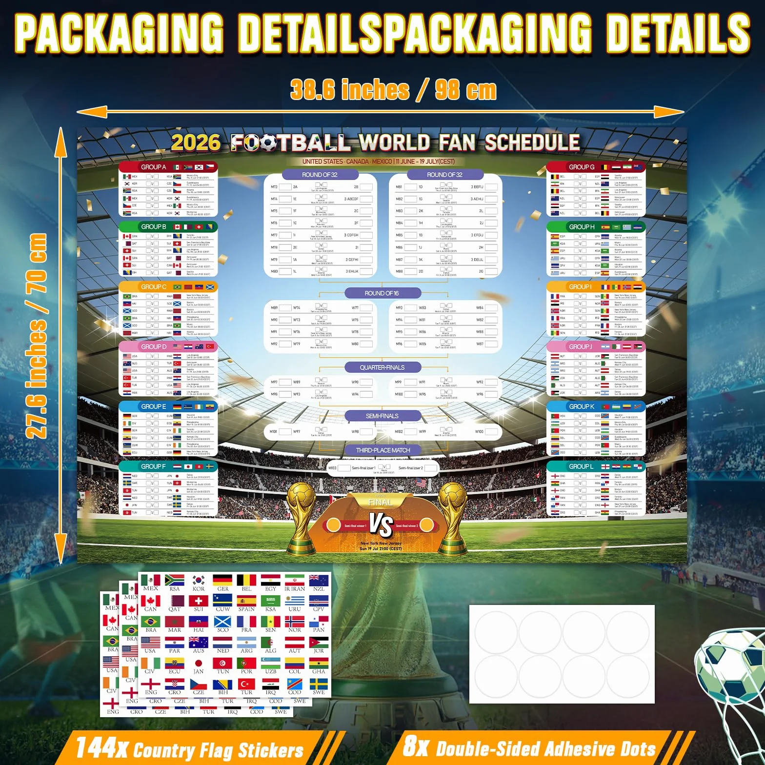 WALLFID Poster Calendario Mondiale 2026 98x70cm Ora Europa Centrale Coppa del Mondo 2026