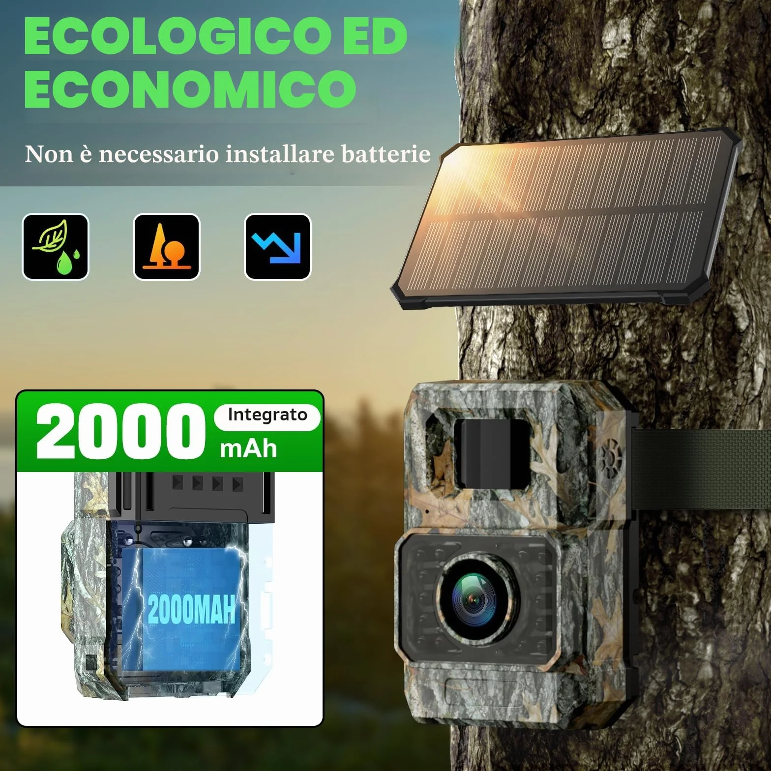 Coolifepro Fototrappola con Pannello Solare 60MP 30FPS WIFI Bluetooth App Batteria Litio 2000mAh Angolo Rilevamento 100° Scheda SD 32GB