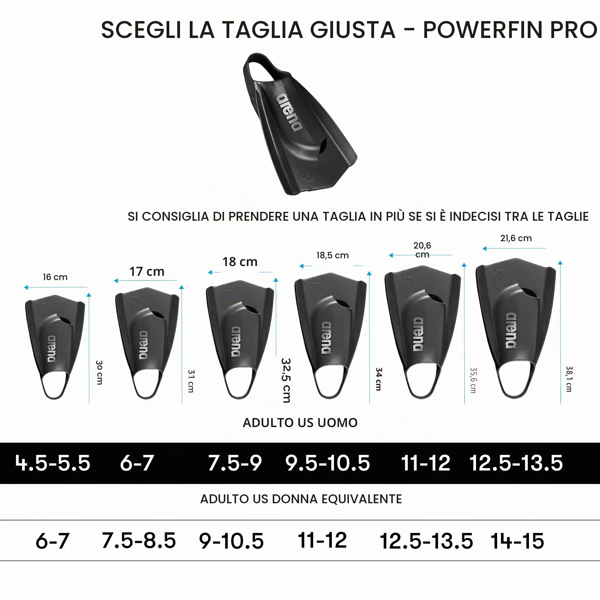 Arena Powerfin PRO II, Pinne Unisex per Adulti, in Silicone, a Lama Corta, Piede Destro/Sinistro Personalizzabile, Misure: 36,5-47,5
