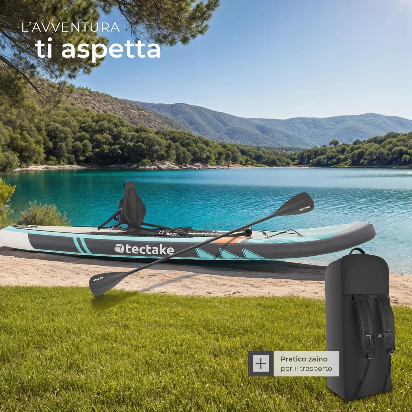Tectake Sup Gonfiabile Tavola Stand Up Paddle Board 2 in 1 Kayak Sedile SUP Pompa Pinne Zaino Pagaia Drop Stich Schiuma EVA Carico Max 200 kg