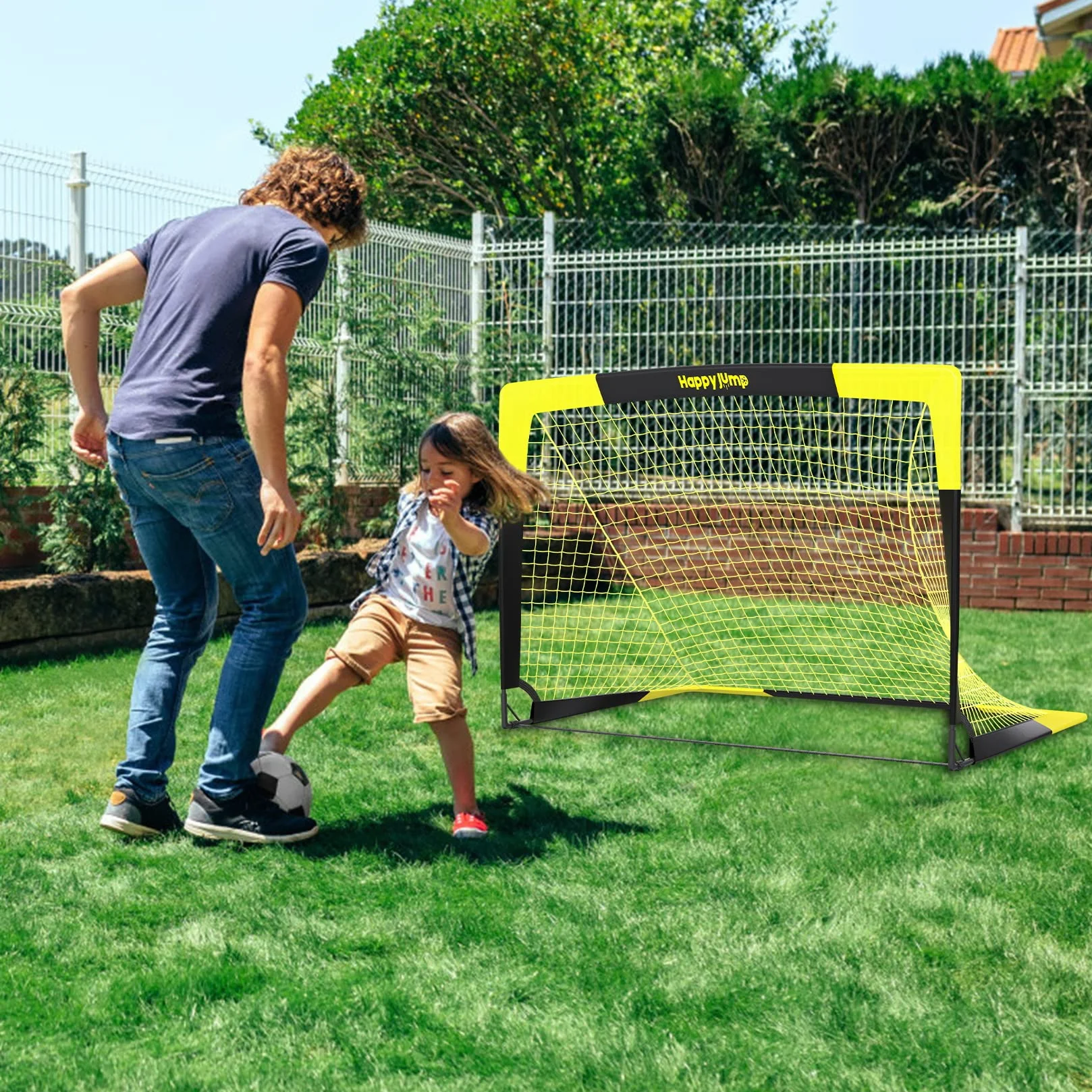 Happy Jump Porta da Calcio Pieghevole – Rete da Giardino 90x67, 120x90, 152x110, 213x152 CM | Opzioni con Pallone, Bersaglio, Pompa e Coni | Perfetta per Allenamento Outdoor e Regalo