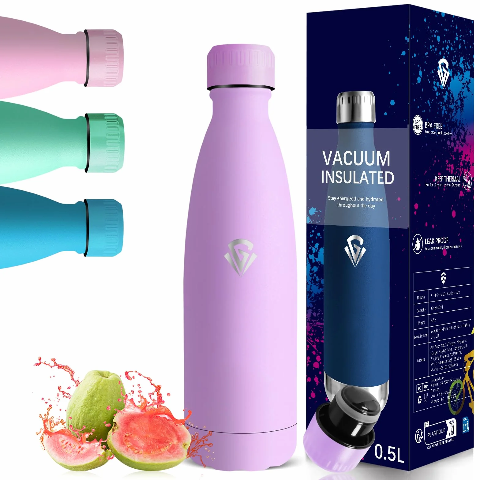Borraccia Termica 500ml Isolato Sottovuoto Acciaio Inox Senza BPA Riutilizzabile per Campeggio Ciclismo