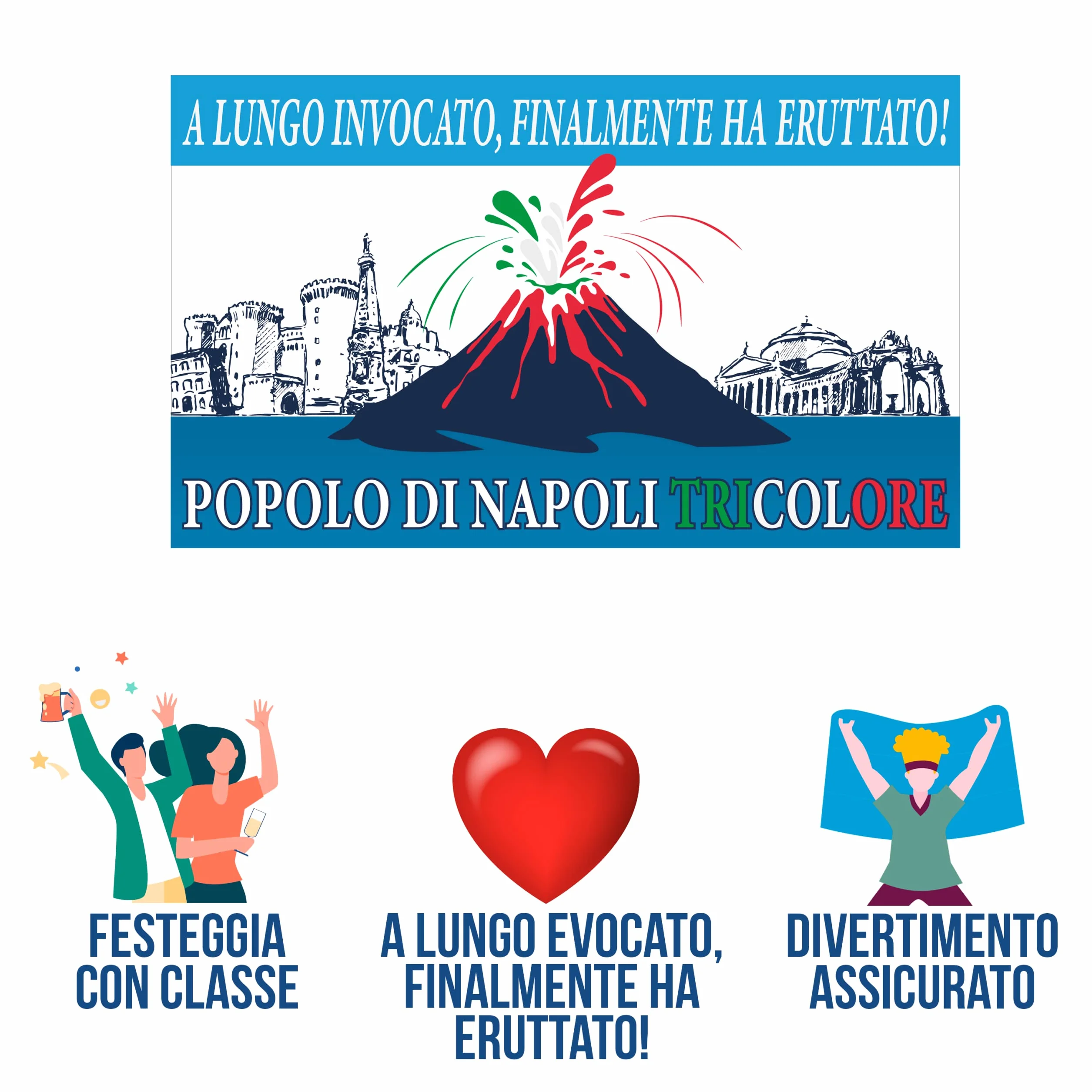 Bandiera 4° Scudetto Popolo di Napoli - Bandiera "Vesuvio Erutta" 90x150 cm - Gadget 4° Tricolore - Regalo Tifoso Calcio, Senza Asta