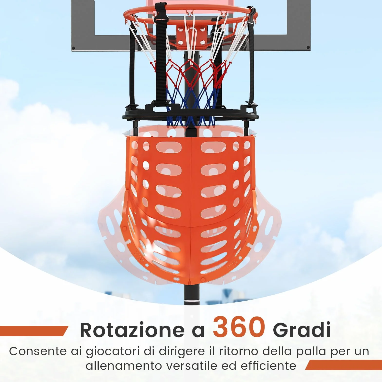 COSTWAY Sistema di Ritorno Palla Basket Rotante a 360° con 4 Ganci Smontabili, Sistema di Ritorno Pallacanestro con Struttura Robusta, Allenamento Tiro Basket per Adulti, Giovani e Bambini