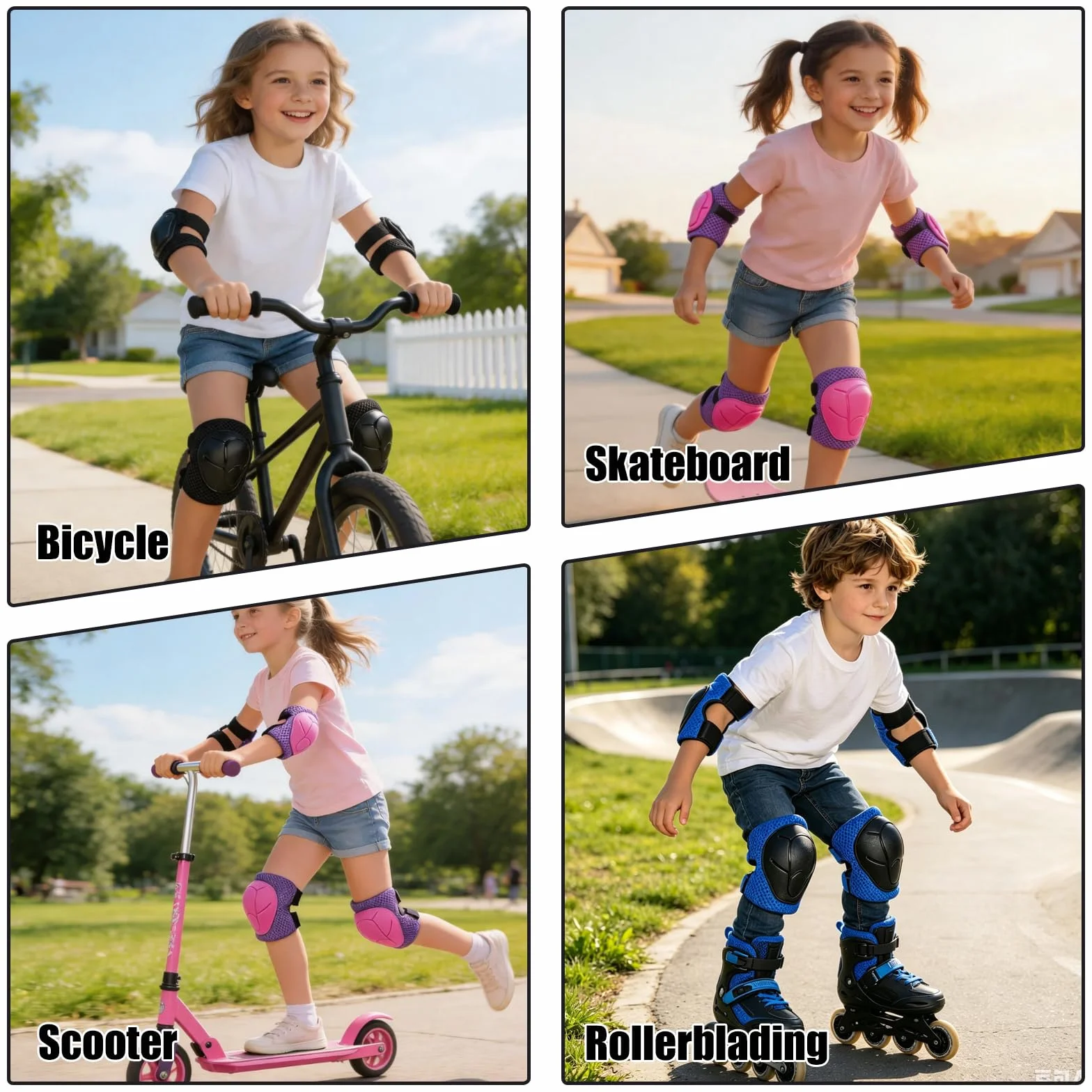 Kit Protezione Bambini 6 in 1, Ginocchiere Gomitiere Polsiere Regolabile, Attrezzatura Protettiva per Skateboard Pattinaggio Scooter Bicicletta