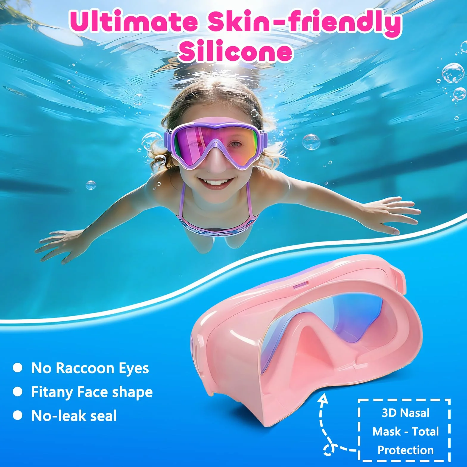 Occhialini Nuoto Bambini con Protezione UV e Cinturino in Tessuto Morbido, MOMUSE Occhialini Piscina Bambino con Copertura per il Naso 3D, Maschera Snorkeling per Bambino Bambina 3-14 Anni