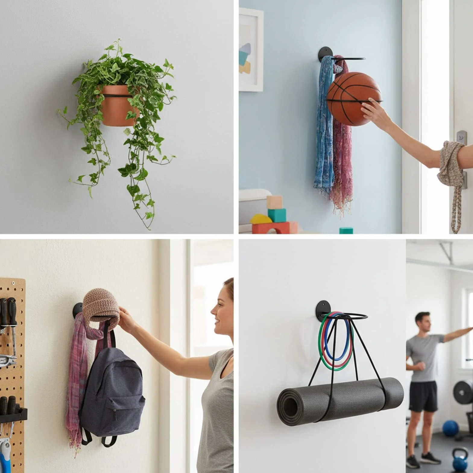 Generico Supporto da parete per basket - Portaoggetti nero montato a parete con viti, display in metallo