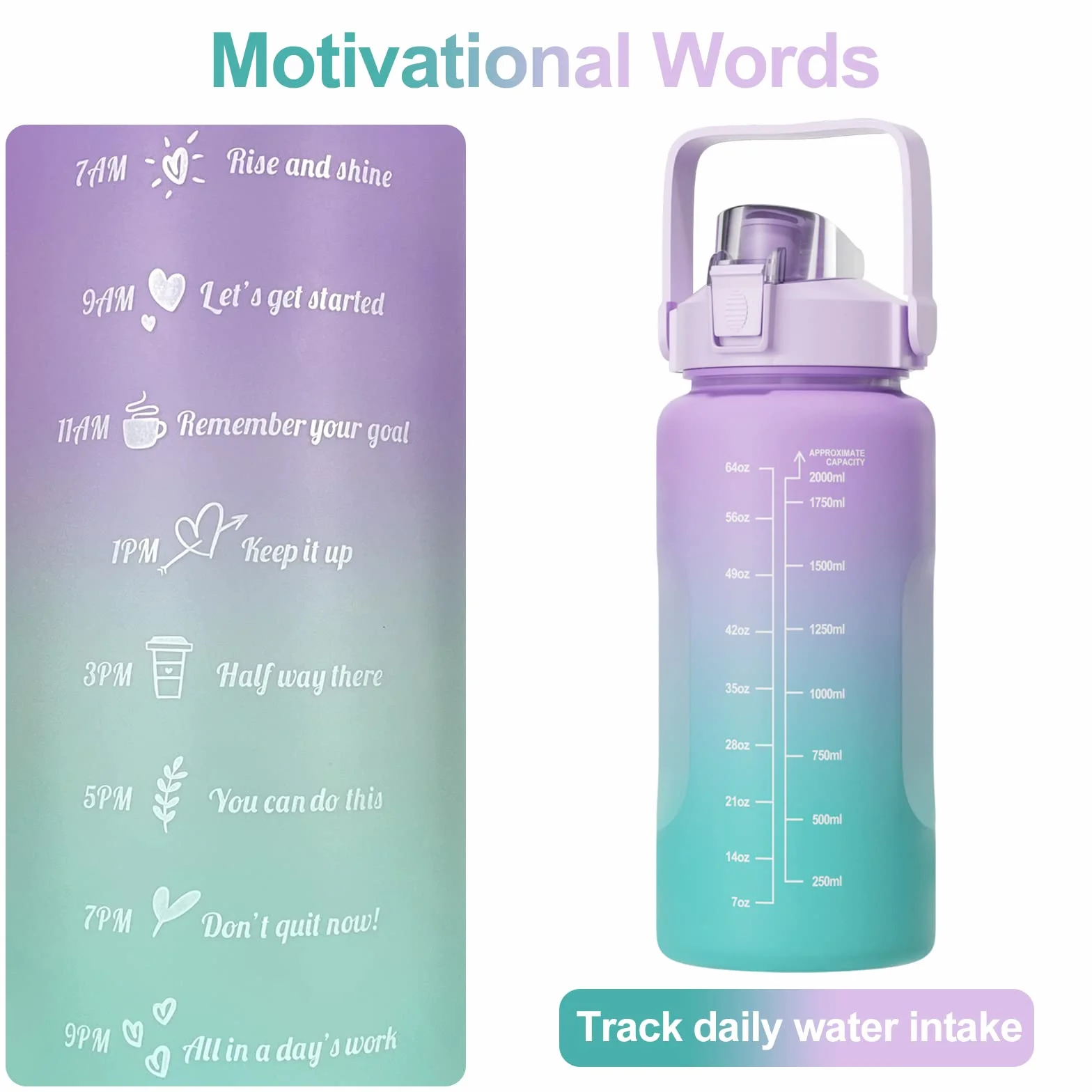 Borraccia Sportiva 2L con Cannuccia, Senza BPA, Graduata, per Palestra Yoga Campeggio (Viola)