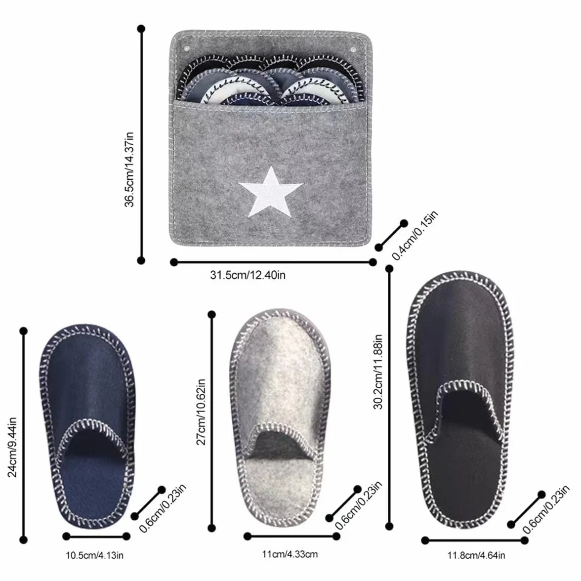 Set di 6 paia di pantofole in feltro in 3 misure e custodia, antiscivolo e lavabili, perfette per viaggi in famiglia, Nero , Taglia unica