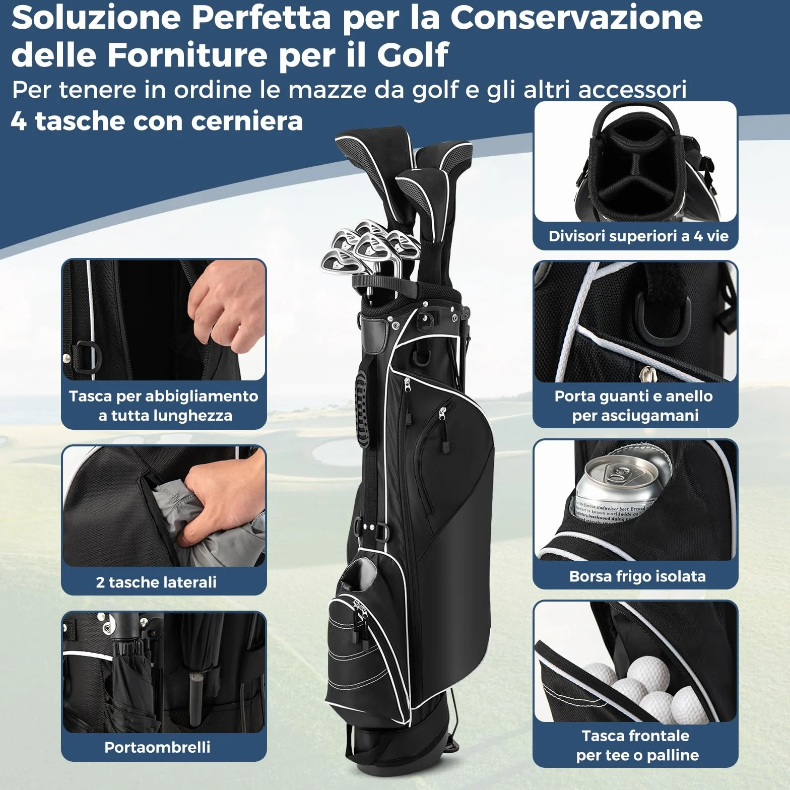 COSTWAY Sacca da Golf con Supporto, Borsa da Golf a 4 Scomparti con 4 Tasche con Cerniera, Borsa Frigo, Tracolla Doppia, Cappuccio Antipioggia, Supporto per Ombrellone