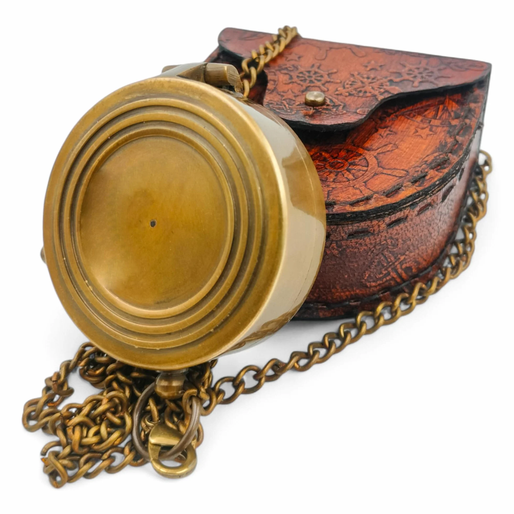 Bussola tascabile in ottone nautica anticata steampunk con custodia in pelle
