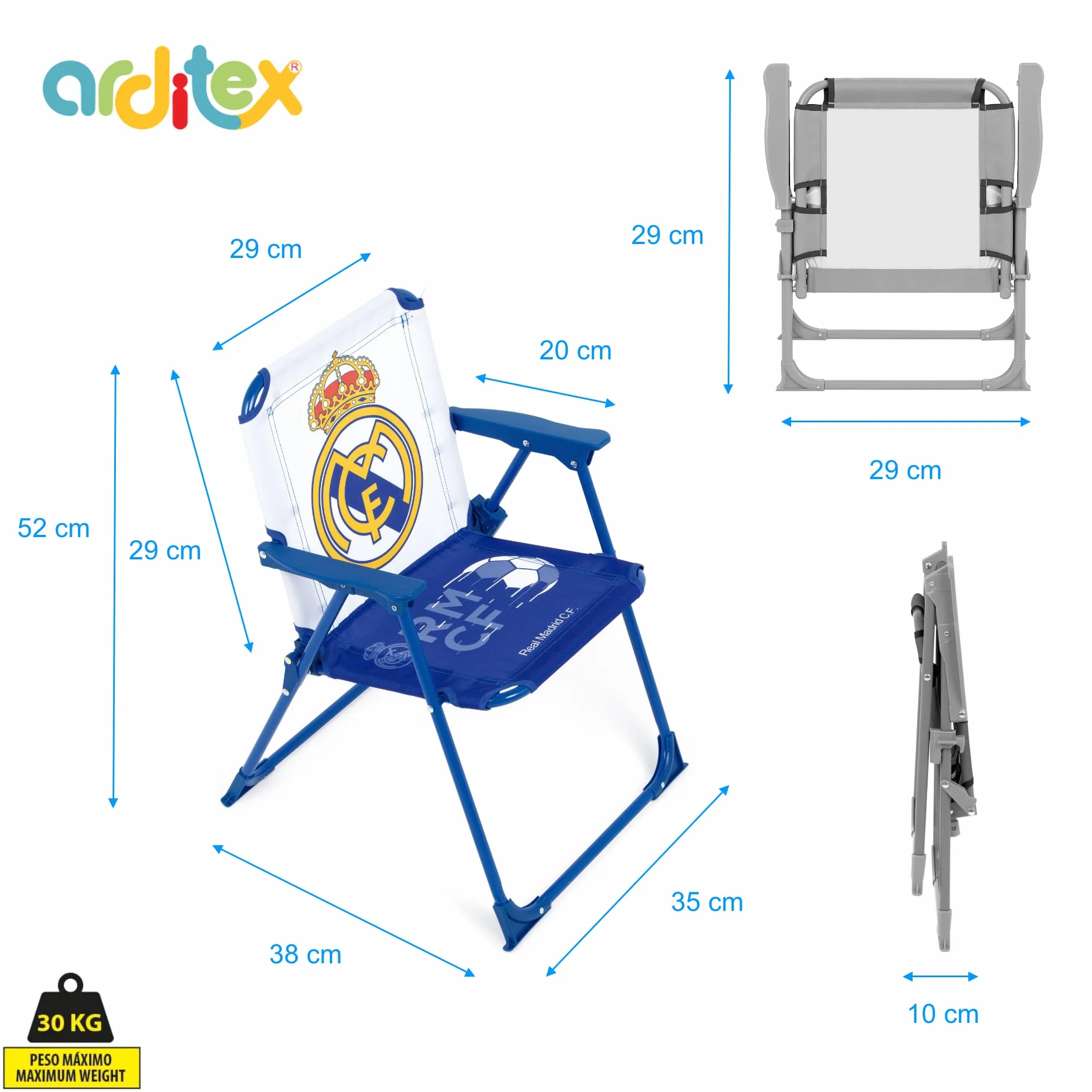 ARDITEX Sedia pieghevole con braccioli del Real Madrid - 38 x 32 x 53 cm - adatta per giardino, campeggio, spiaggia o montagna - ideale per ragazzi e ragazze.