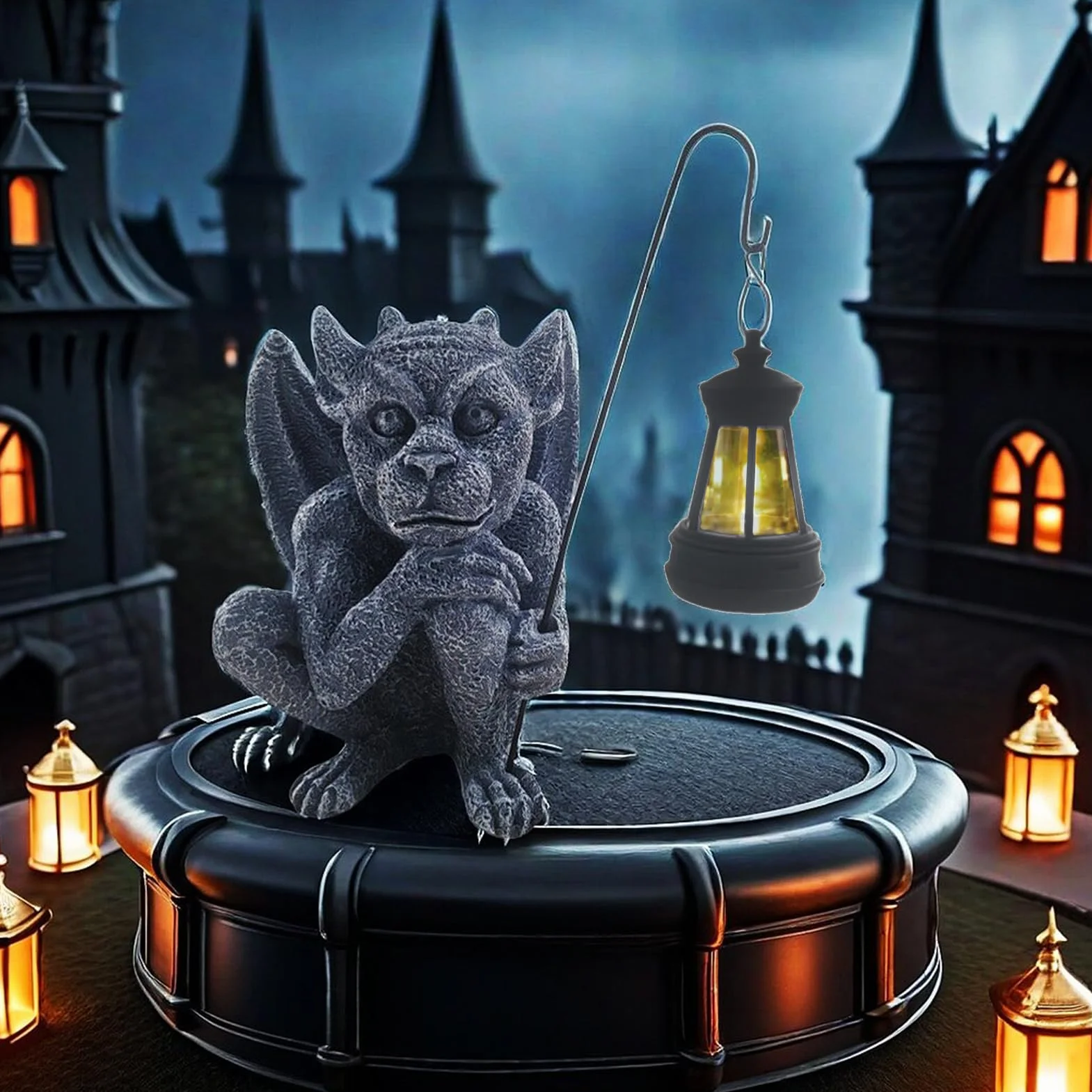 BestAlice Statua del Gargoyle, Statuetta Scultura del Guardiano del Giardino con Luce, Statua Gotica per Interni Ed Esterni da Giardino, Statua della Decorazione Gotica del