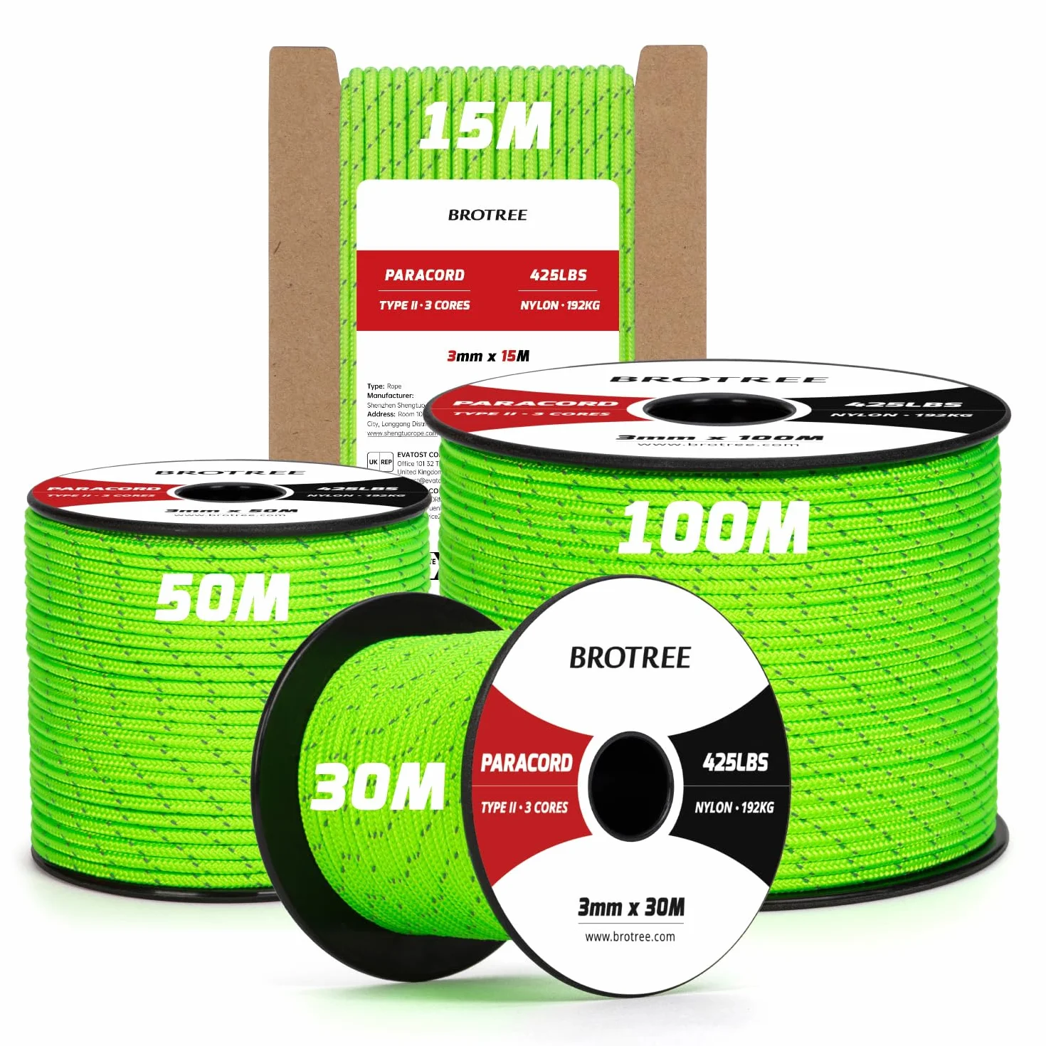 Brotree Paracord 3mm 30M 100% Nylon Tipo II 3 Fili 425 per Esterno Artigianato 192 kg Carico di Rottura Riflettente Neon Verde