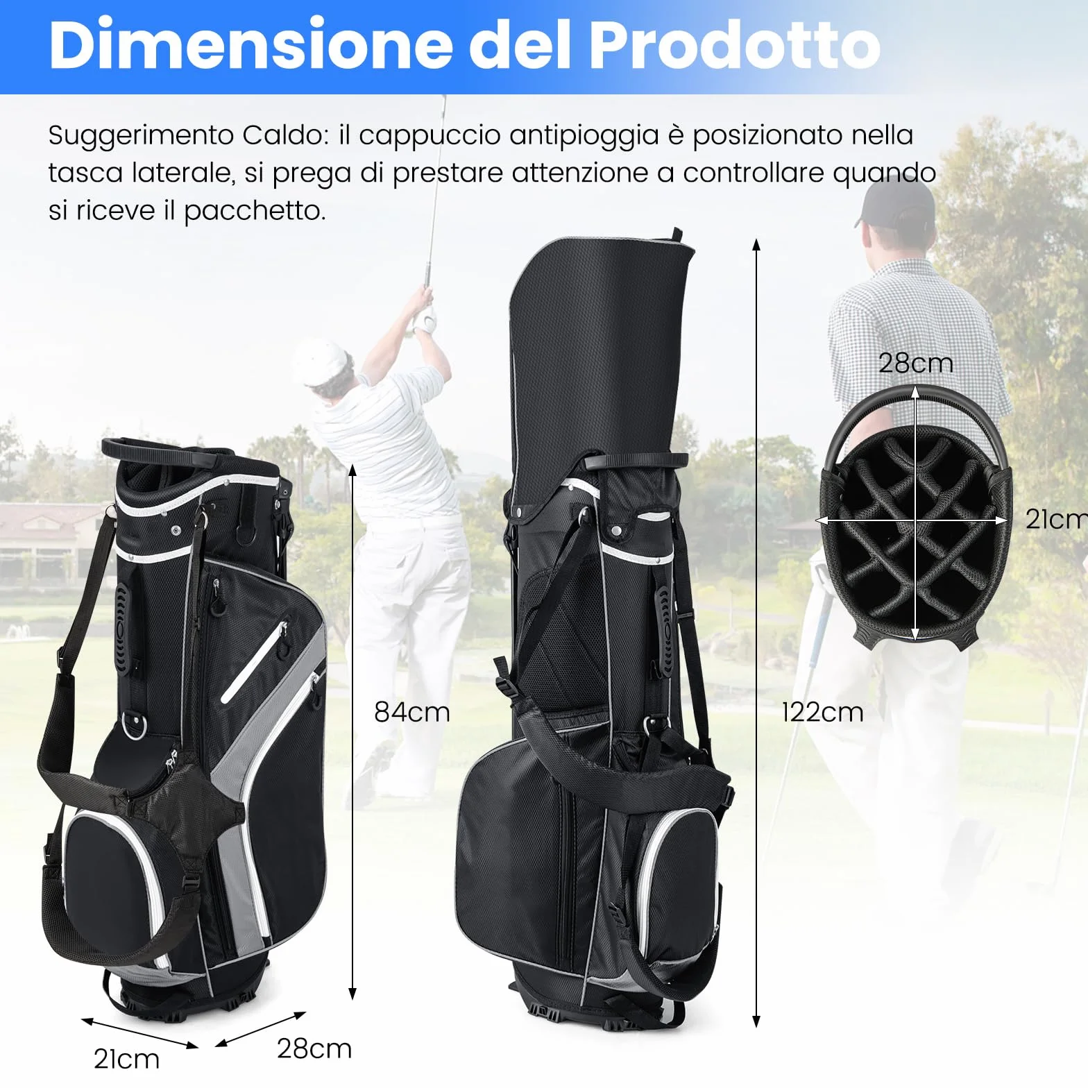 COSTWAY Sacca per Mazze da Golf, Borsa da Golf con Supporto, Divisori a 14 Vie, 6 Tasche, Borsa Frigo, Doppia Tracolla e Cappuccio Antipioggia, Ideale per Uomini e Donne