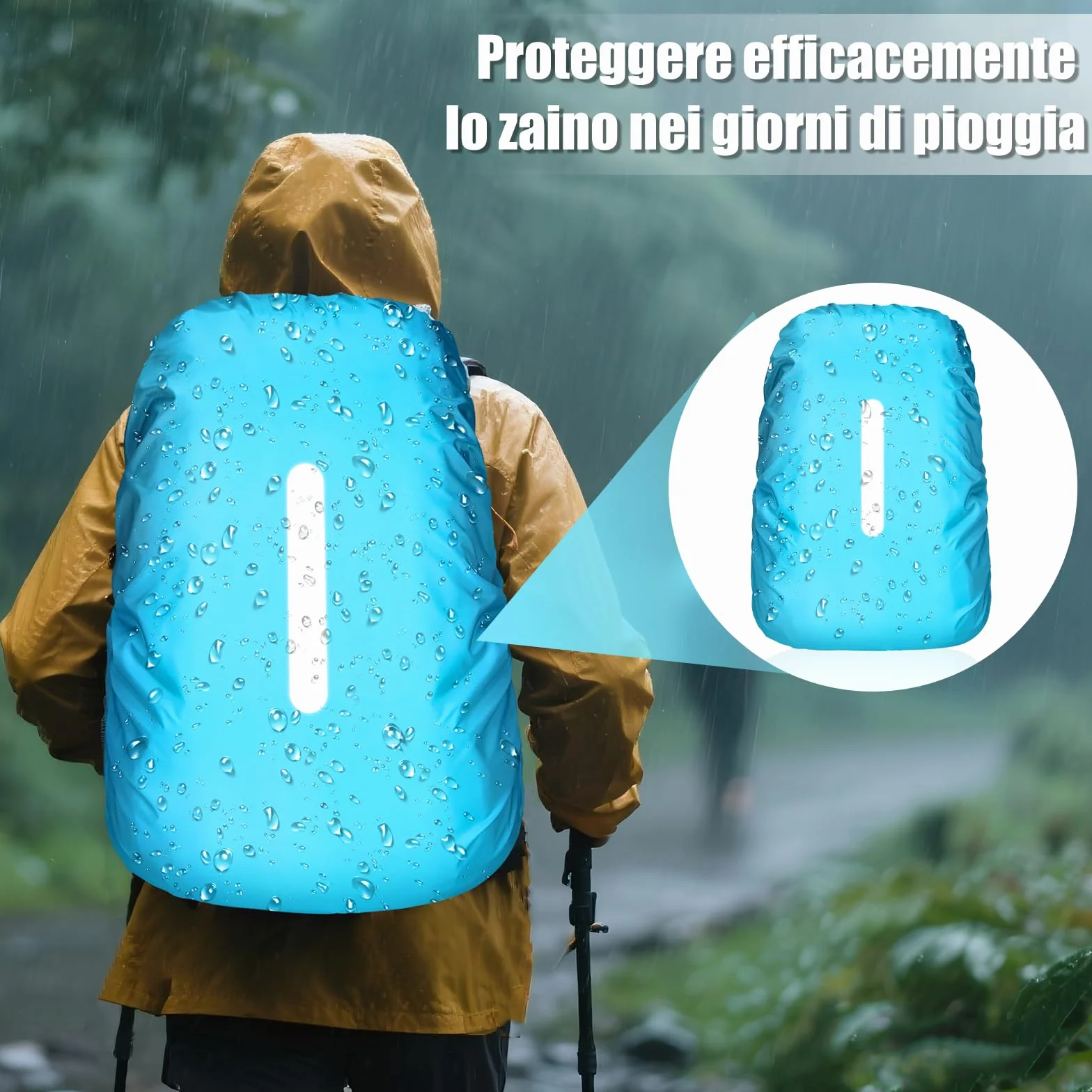 Coprizaino Impermeabile 2 Pezzi con Strisce Riflettenti, Parapioggia per Zaino Trekking Viaggio 40L-50L
