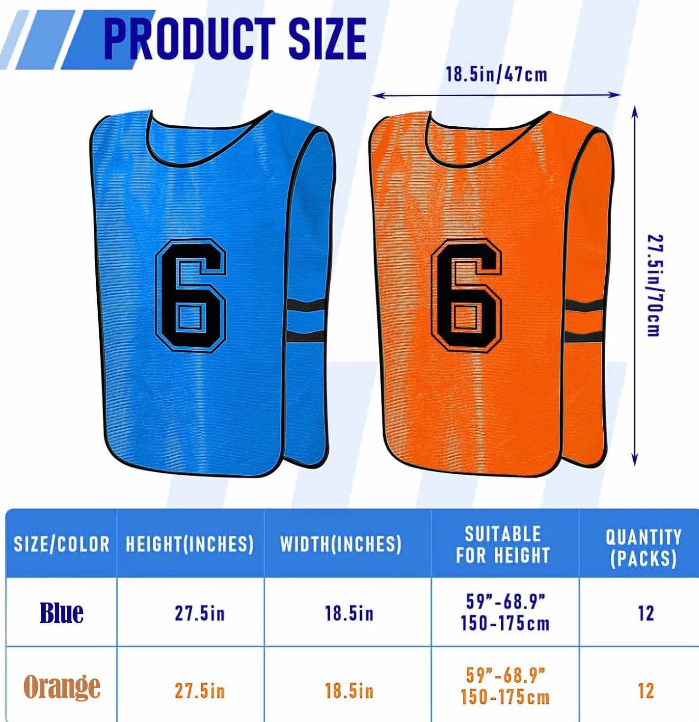 MSYU Gilet da calcio numerato 12 pezzi asciugatura rapida Blu scuro Arancione XL