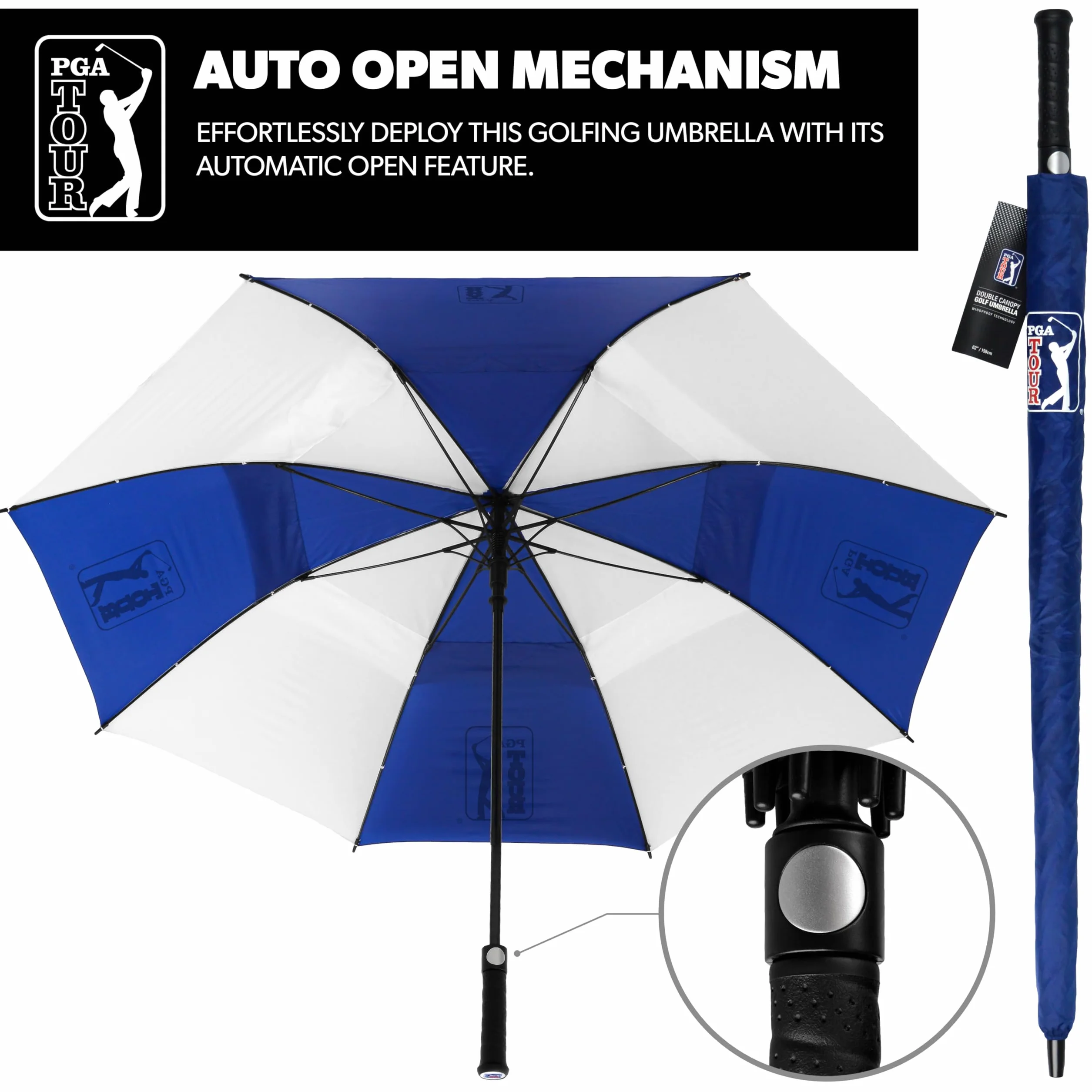 PGA TOUR 62-Inch Golf Umbrella - Windproof Double Canopy, Mens Umbrellas with Auto Open, Fibreglass Shaft, Non-Slip Handle, Velcro Straps, Rainproof Cover - Golf Umbrella Windproof