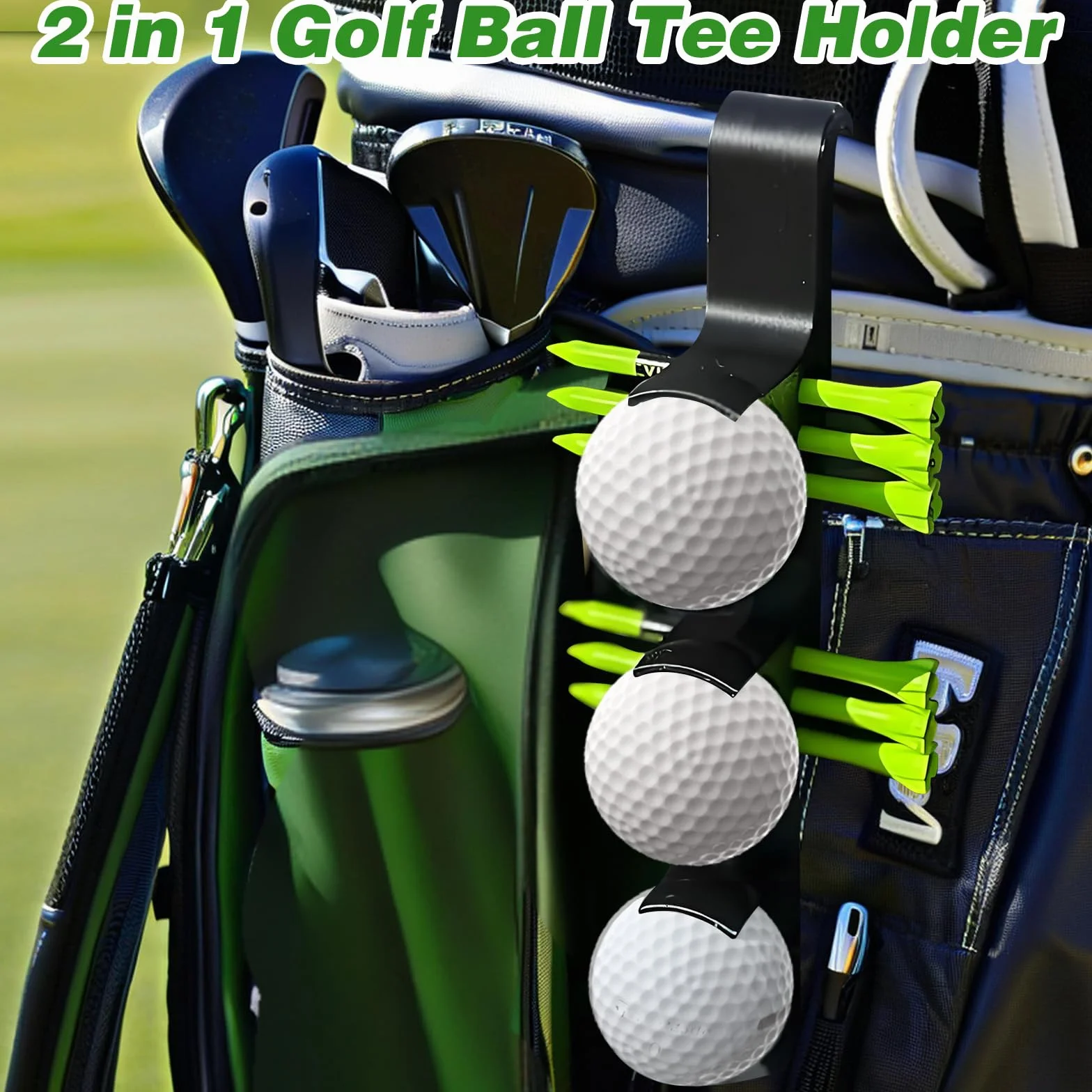 Porta Palline da Golf 2 in 1 a Sgancio Rapido, Nero, 3 Palline e 6 Tee