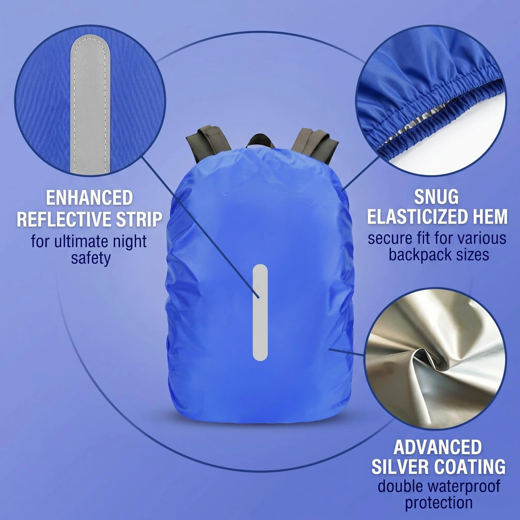 Coprizaino Antipioggia Impermeabile 40-50L con Strisce Riflettenti per Trekking Escursionismo Campeggio, 2 Pezzi Blu e Viola
