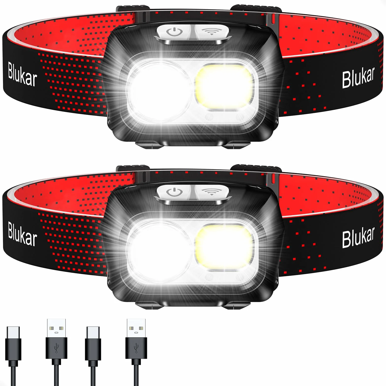 Blukar Torcia Frontale LED 2000 Lumen Ricaricabile IPX5 Impermeabile 2 Pezzi con Luce Rossa