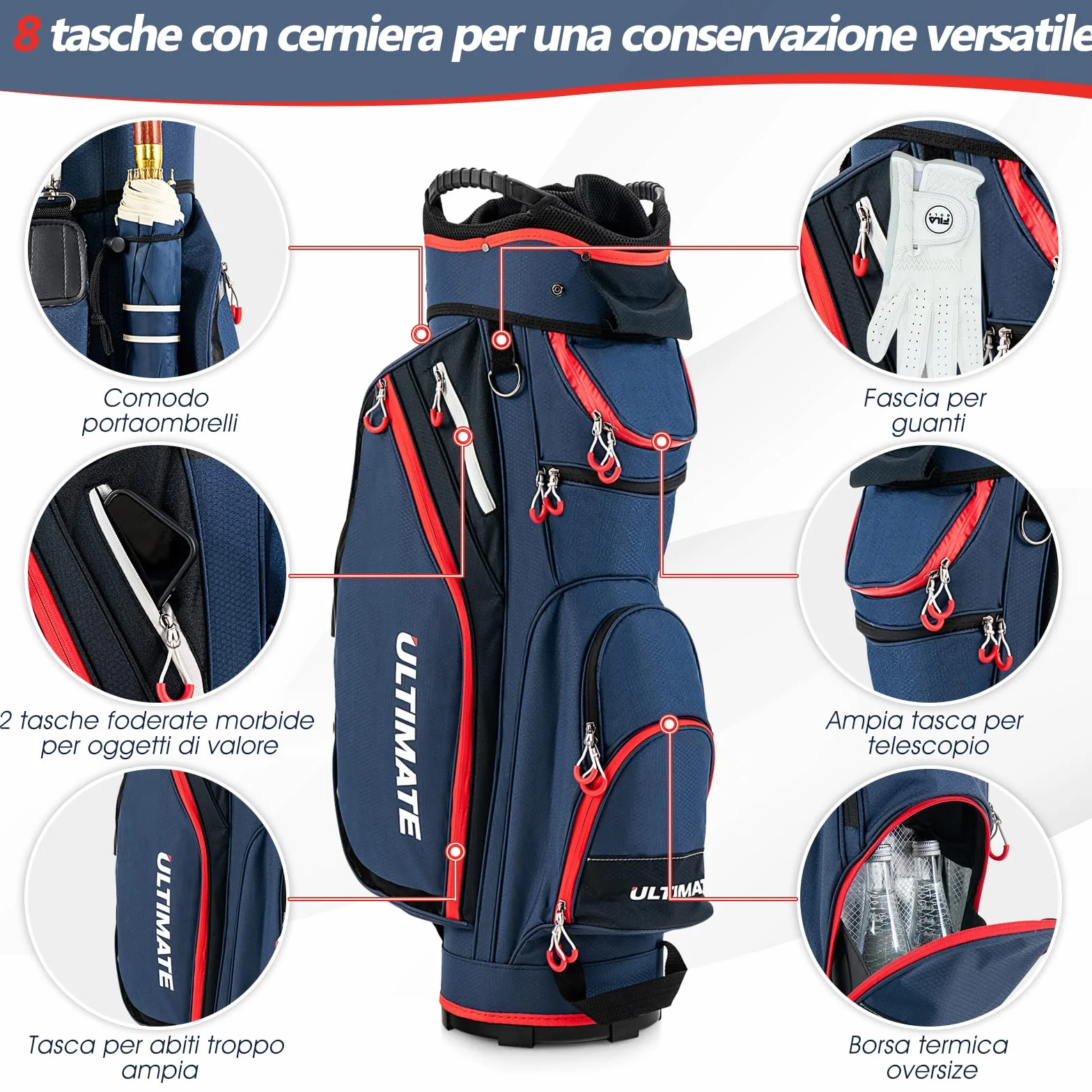 COSTWAY Borsa da Golf Leggera e di Grande Capacità, Sacca da Golf con 14 Divisori, 8 Tasche, Cappuccio Antipioggia, Tracolla, Borsa Termica per Bevande, Ideale per Uomini e Donne (Blu)