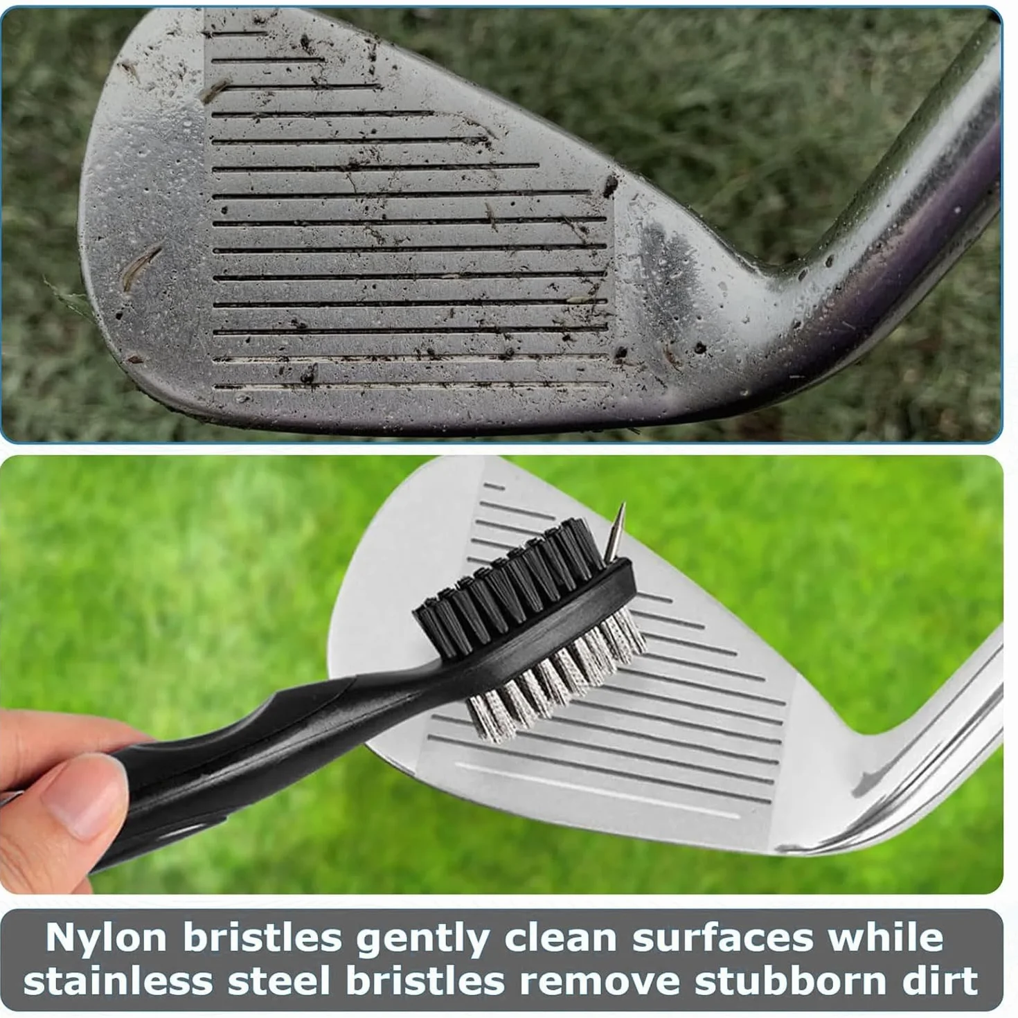 Spazzola per Mazze da Golf 2 in 1 Doppia Testa Setole Nylon e Acciaio Inossidabile