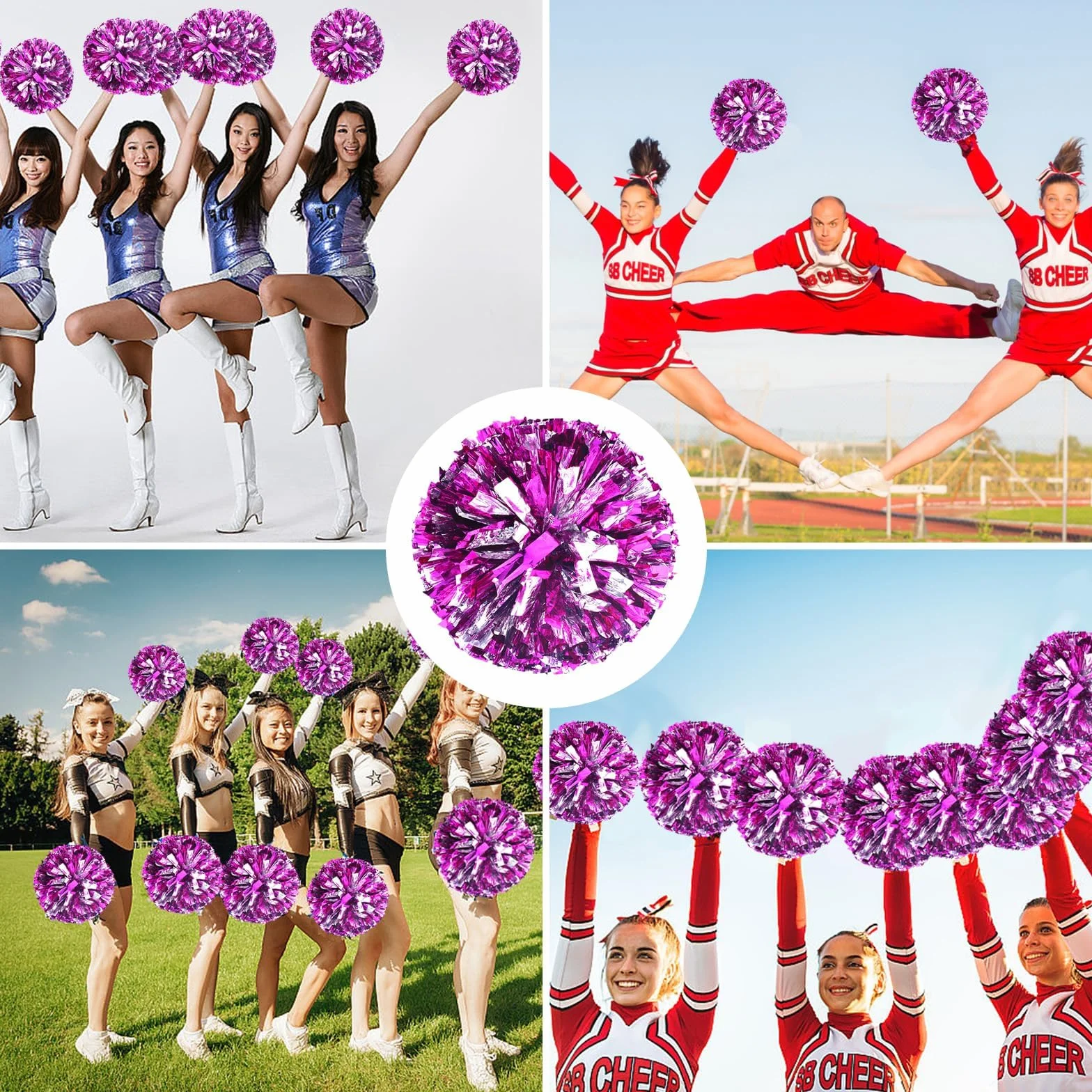 Pom Poms Cheerleader con Manico Metallico 2 Pezzi per Sport, Festa (Rosa Rossa, Argento)