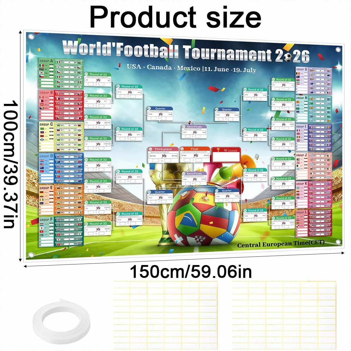 Poster Calendario Partite Coppa del Mondo 2026 150x100cm con Adesivi Correttivi e Cordino, Calendario Gioco 48 Squadre, Decorazione Salotto Bar Festa