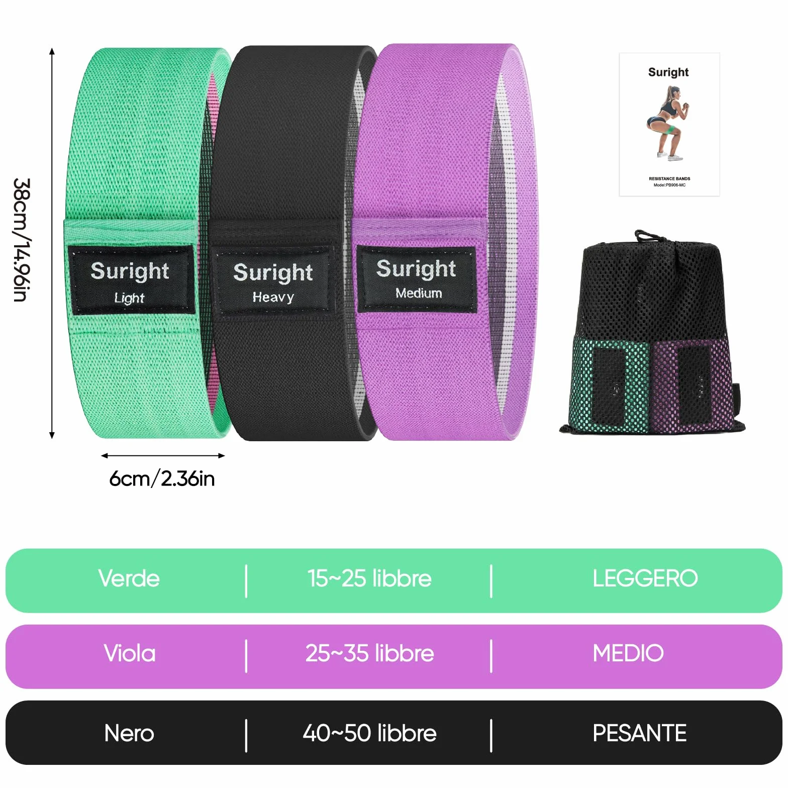 Suright Fasce Elastiche Fitness 3 Livelli Resistenza Antiscivoli per Palestra Pilates Yoga