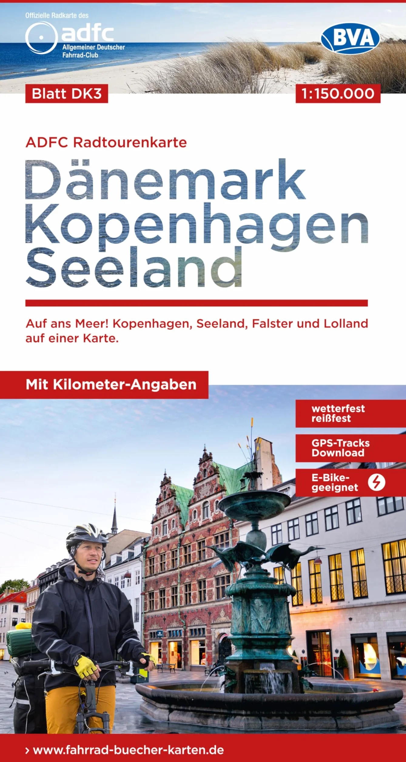 Denmark Copenhagen Seeland cycling map (DK3): reiß- und wetterfest, E-Bike geeignet, mit GPS-Tracks Download, mit Bett+Bike Symbolen, mit ... Seeland, Falster und Lolland auf einer Karte.