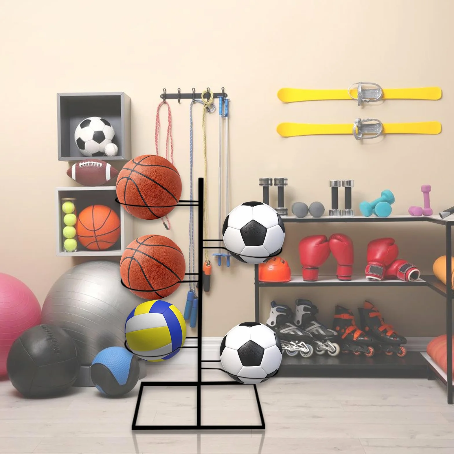 Set di 5 Supporti per Palloni Rimovibili in Metallo - Stoccaggio Verticale Stabile per Basket, Calcio, Pallavolo (Nero)